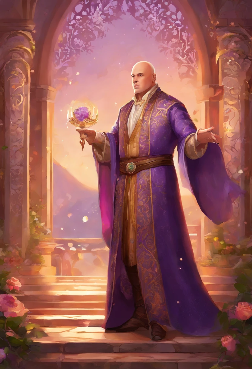 Varys is a plump, bald, and effeminate eunuch with soft white hands and round shoulders. He is 45. He powders his round face and uses perfumes of lavender, lilac, and rosewater. Varys wears rich silk, velvet, and damasks. His attire includes on one occasion a vest of woven gold thread over a purple silk gown, and a lavender brocade on another. His robes include patterned damask and flowing lavender, and his pointed slippers of soft velvet