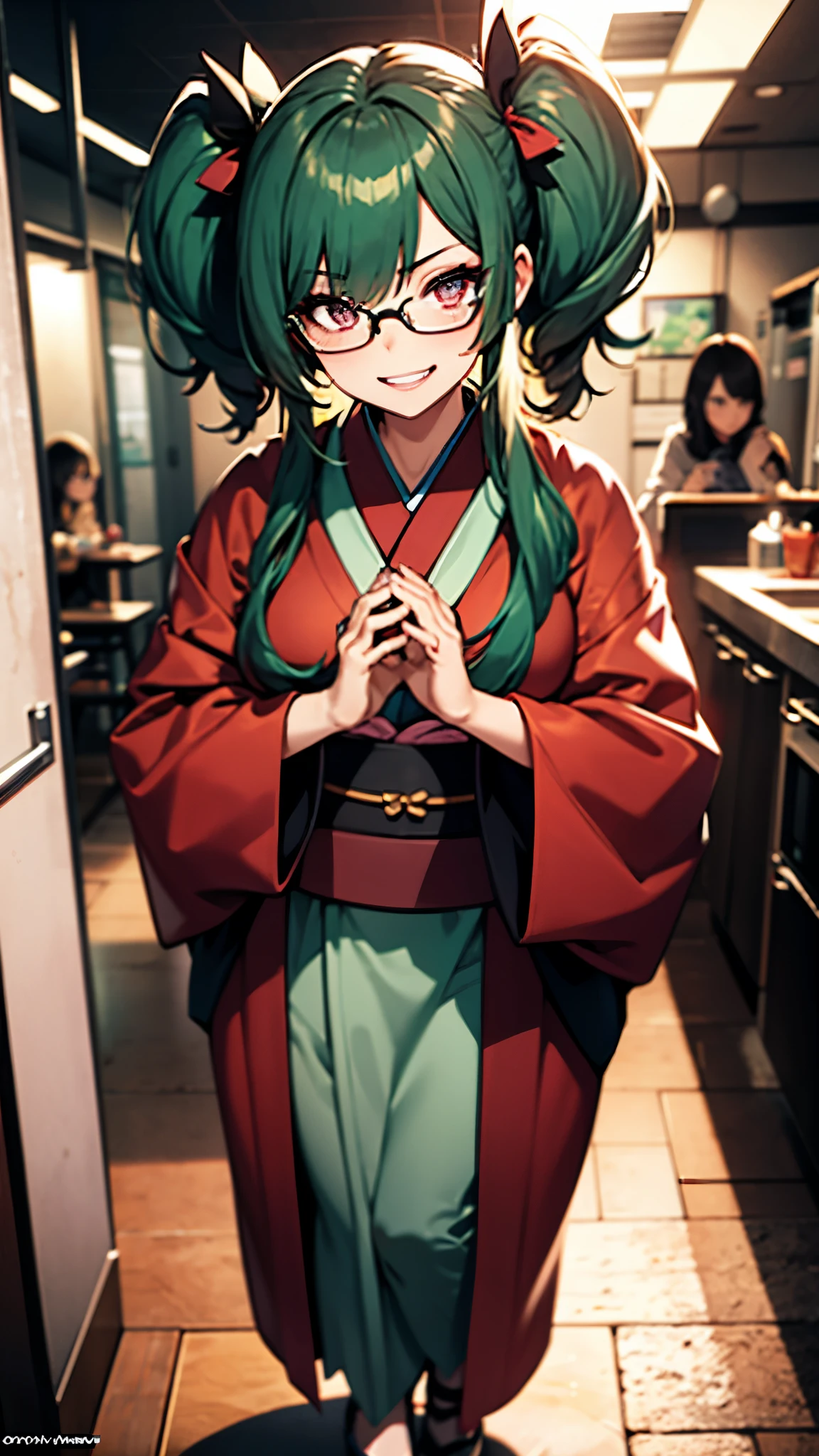 (1girl:1.3), Masterpiece, Best quality, amazing beauty, [[3D]], 4K, absurdres, finely detail, super detailed eye, perfect anatomy, official art, cinematic lighting, BREAK, kitchen, silky long hair, silky twin tails, green hair, super shiny detailed brown eyes, big eyes, tsurime, cute eyes, thin eyebrow, Staring, full lips, toothy grin, mascara, Eyeshadow, False eyelashes, red lips, red round cell frame glasses, hairpin, Joyful, BREAK , usually, , slender, pale skin, glistening skin, praying hands, full body, from front, Underlighting, BREAK , BREAK,(Glasses), (wearing beautiful kimono:1.2)