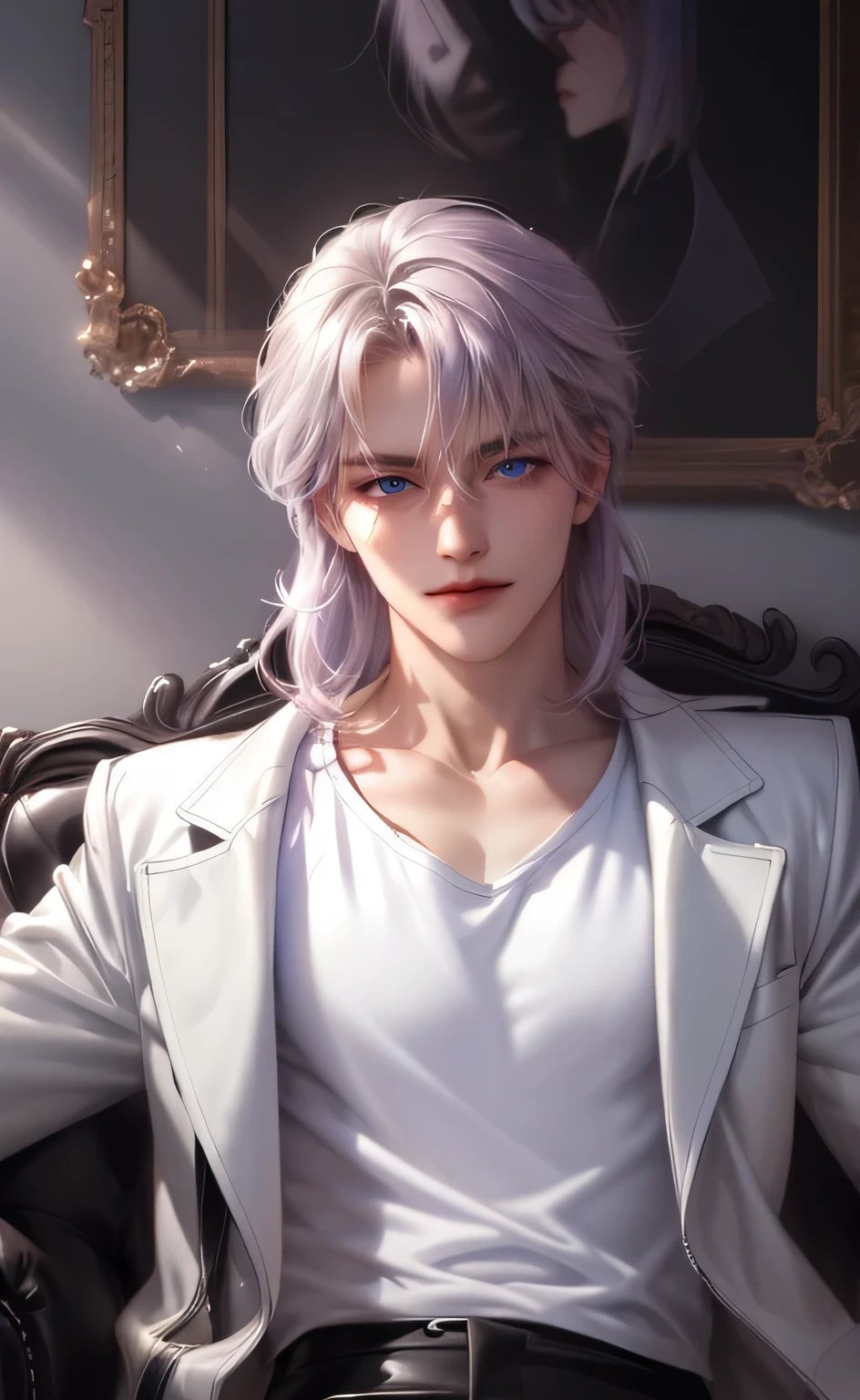 {(Best quality, 8K, masterpiece, Human Development Report, soft lighting, perfect image, Digital illustration, The Art of Manhwa, very detailed picture, perfect lines, real)} 1 very handsome man, shoulder length lavender hair , Purple eyes, ((white T-shirt and black leather jacket)), half of the body, portrait, smile, (((grin))), cunning, sitting on the couch, medium length hair, Confidence, joy, (there is),