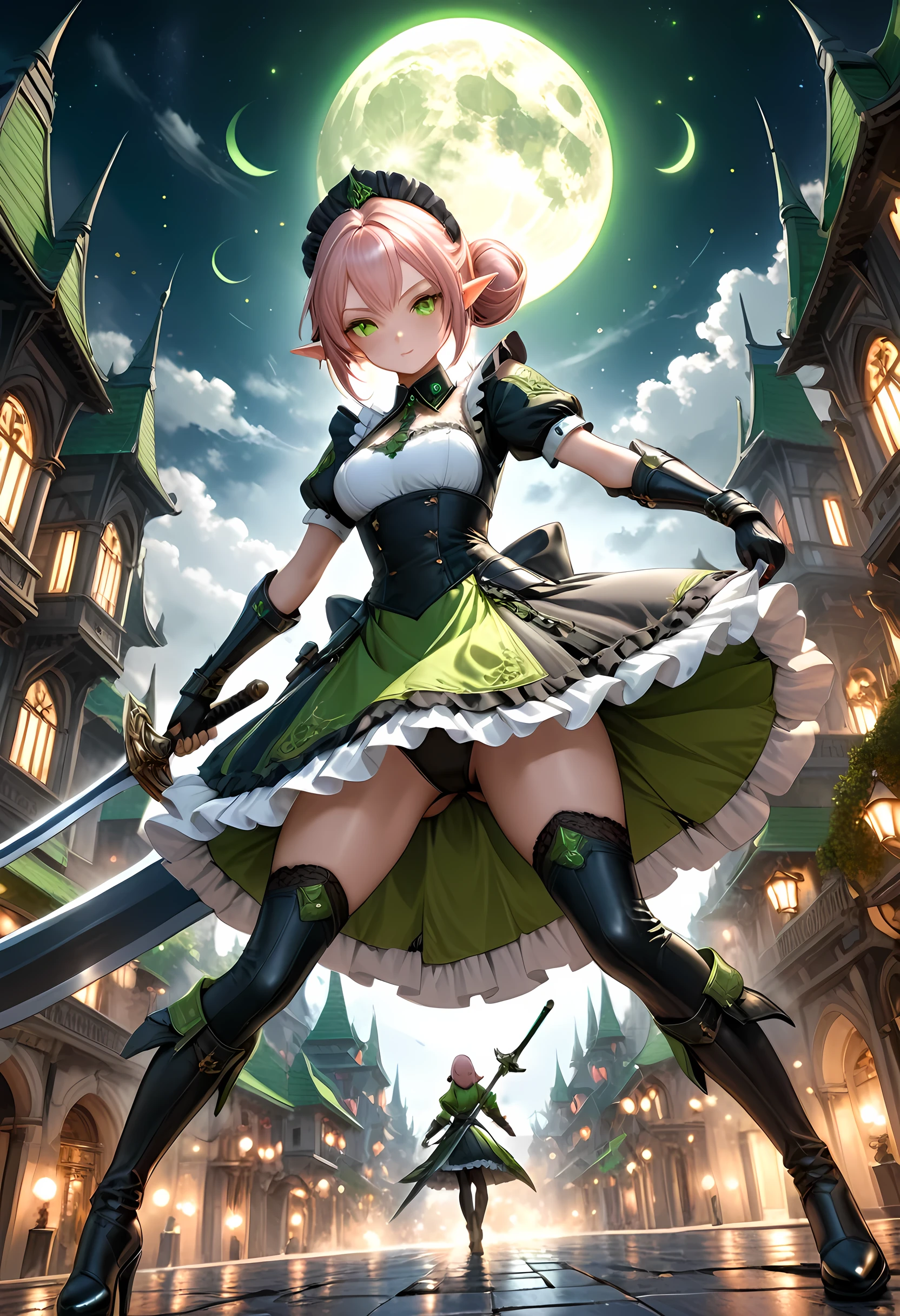 Arafed, high details, best quality, 16k, [ultra detailed], masterpiece, best quality, (extremely detailed), full body, ultra wide shot, photorealistic, a picture of a female elf, in ((black and white: 1.5)) tight lace maid uniform (((masterpiece))), high heeled, leather boots, ready for combat wielding a sword (((masterpiece))), she has (pink: 1.5) hair in a bun, glowing (green: 1.5) eyes, she stands ready for battle in fantasy dark street of fantasy palace, its night time, the moon is high in the sky, many stars in the night, high details, best quality, highres, ultra wide angle, cybrk