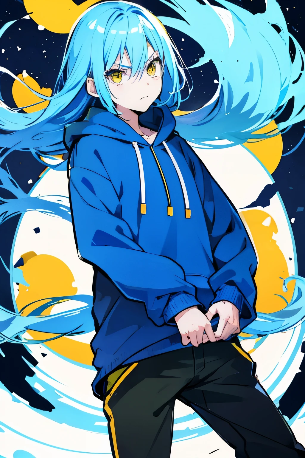 rimuru tempest, blue hair, yellow eyes, long hair, blue hoodie, hands in pocket, angry