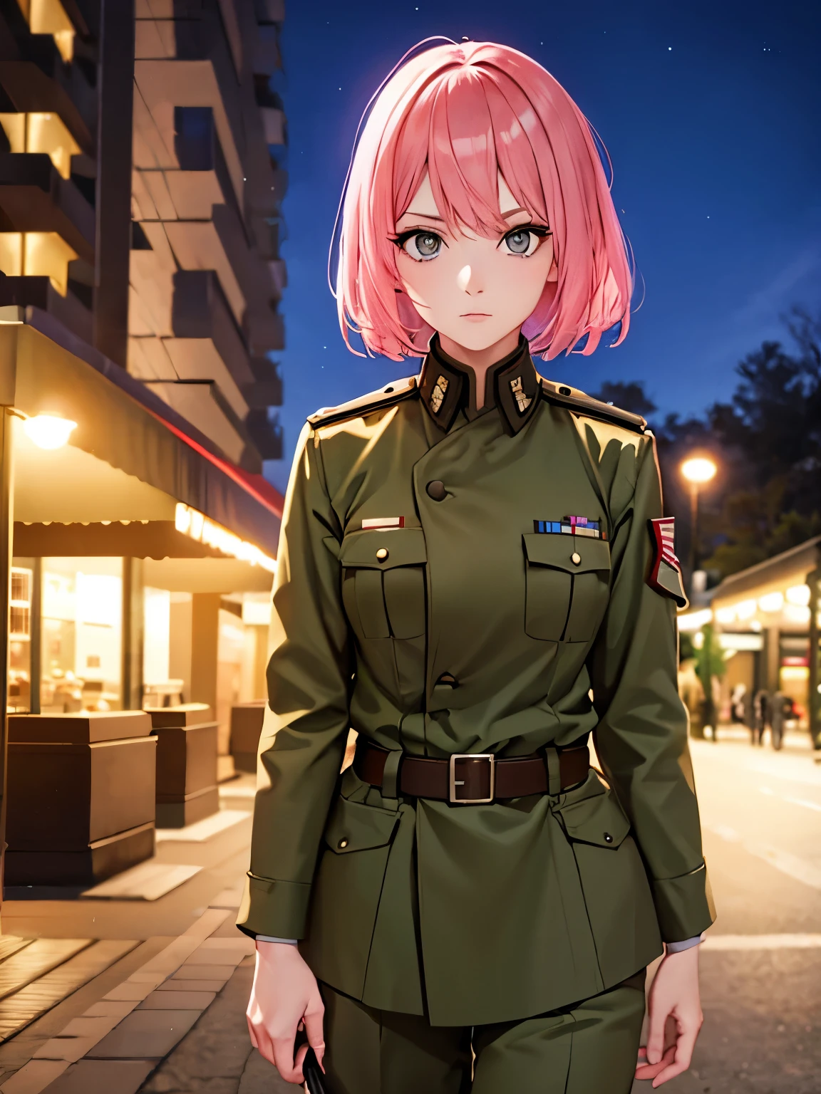 1 woman,Pink hair,standing,Army uniform , half body,close up photo, short hair,bangs,grey eyes,Confused expression, at night,In the park