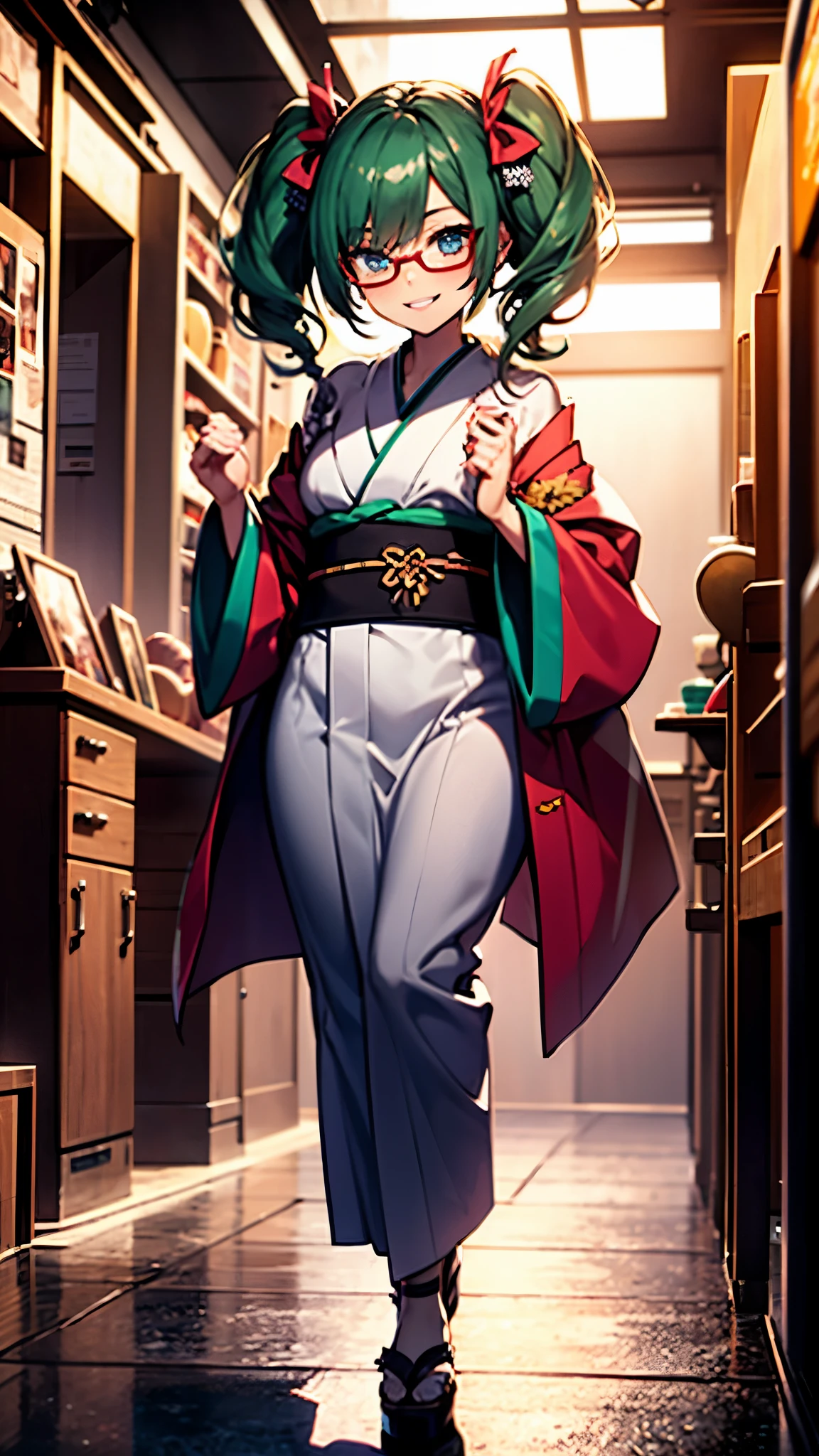 (1girl:1.3), Masterpiece, Best quality, amazing beauty, [[3D]], 4K, absurdres, finely detail, super detailed eye, perfect anatomy, official art, cinematic lighting, BREAK, kitchen, silky long hair, silky twin tails, green hair, super shiny detailed brown eyes, big eyes, tsurime, cute eyes, thin eyebrow, Staring, full lips, toothy grin, mascara, Eyeshadow, False eyelashes, red lips, red round cell frame glasses, hairpin, Joyful, BREAK , usually, , slender, pale skin, glistening skin, praying hands, full body, from front, Underlighting, BREAK , BREAK,(Glasses), (wearing beautiful kimono:1.2)