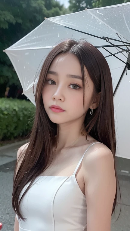 top-quality。8K-Picture。Ultra-high pixel。Rainy night on background。girl with。length hair。Wet in the rain。Wearing a white dress。The style is outstanding。(((small-breasted:1.8)))。tall、Slender but busty。One piece is also wet in the rain。No umbrella。Pain runs to the chest。Raindrops dripping from hair or clothes。Cloudy look with a slightly disgusted face。The headlights of a car driving on a side street illuminate half of the car body。Trembling fingertips。Walk slowly with dull eyes。Perfect representation of overall nuances。Autumn leaves are starting to darken。 night。A little more close-up。