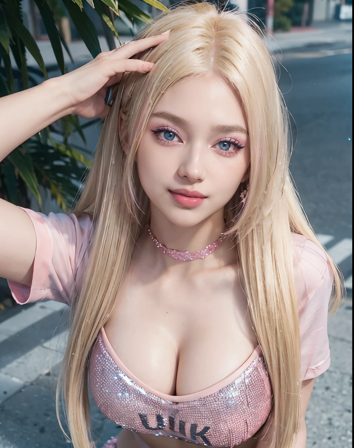 1girl, (Blue Eyes), (smiling :1.2), (Sana Minatozaki), (pink makeup with glitter :1.2), (wide hips), (Big tits), (big ass), (Best Quality, 8k, Masterpiece: 1.3), Clear Focus: 1.2, Perfect Body Beauty: 1.4, strong abs, Highly detailed face and skin texture, (detailed eyes :1.1), double eyelids, (blonde long straight hair :1.4), (cleavage hot pink t-shirt :1.3), jeans, standing, (close-up of the face :1.2), on the streets of Los Angeles
