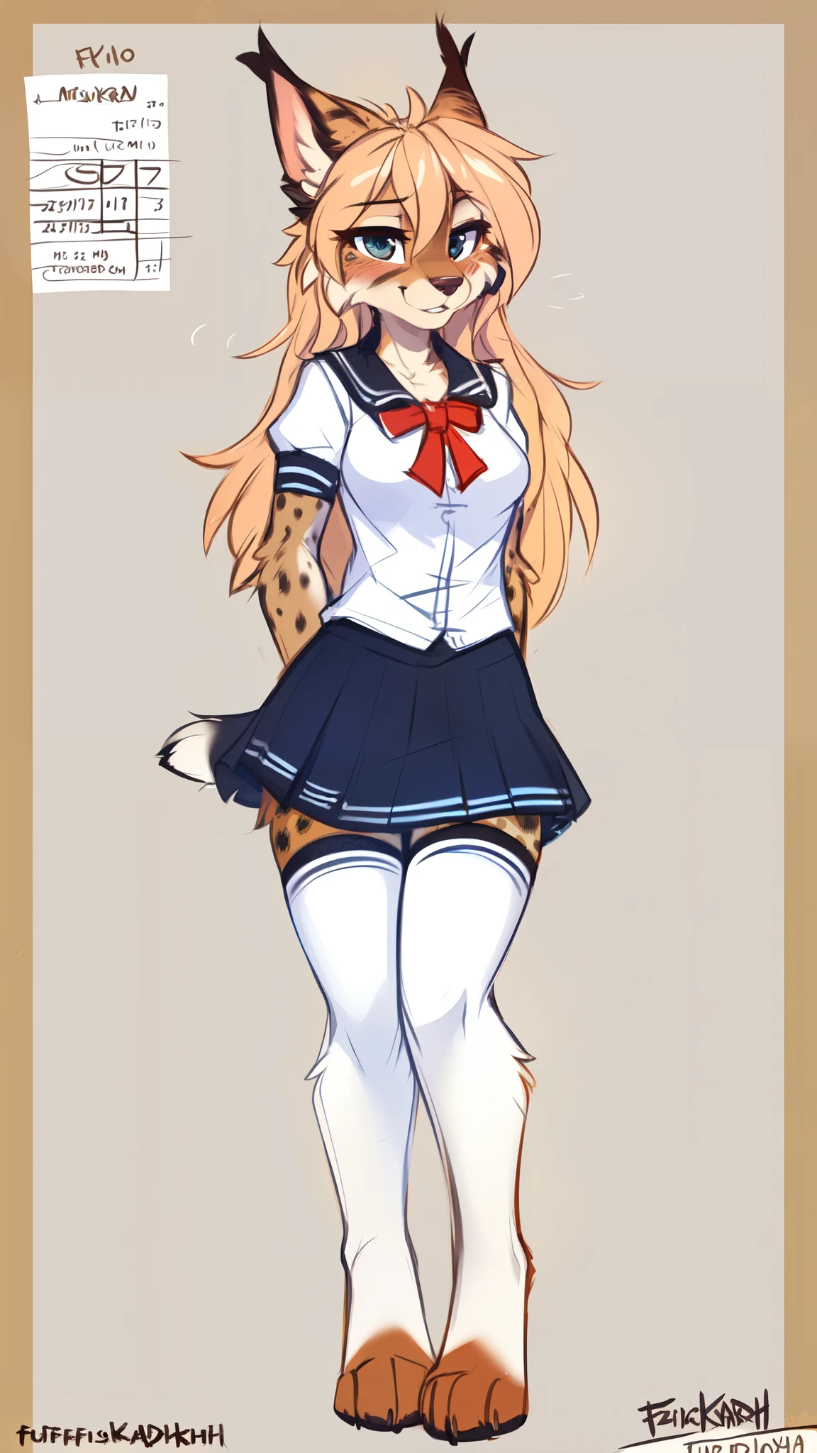 by kenket, Ross Tran, ruan jia, zaush, foxovh, by Zackary911, by hyattlen, by teranen, by fumiko, by Pixelsketcher, by Bayard Wu, by Thomas Benjamin Kennington, by Einshelm, by Kilinah, by Coffeesoda, by Hioshiru, by fluff-kevlar, bye r-mk, by Dimwitdog, (Character Reference sheet), medium breast, hips, Lineart, Sketch, lynx, tall, long hair, solo, simple background, full body, paw feet, school girl uniform, elastic stockings, rough sketch, flat color, no shading, no lineart, anthro 