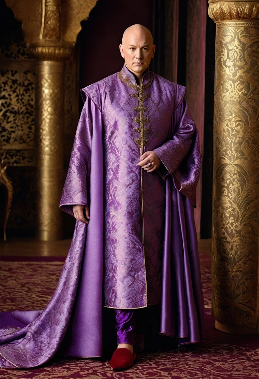 Man, plump, bald, and effeminate eunuch with soft white hands and round shoulders. He is 45. He powders his round face and uses perfumes of lavender, lilac, and rosewater. Varys wears rich silk, velvet, and damasks. His attire includes on one occasion a vest of woven gold thread over a purple silk gown, and a lavender brocade on another. His robes include patterned damask and flowing lavender, and his pointed slippers of soft velvet