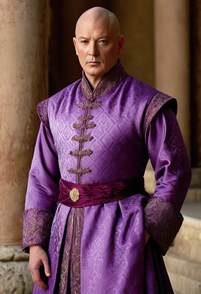 Man, plump, bald, and effeminate eunuch with soft white hands and round shoulders. He is 45. He powders his round face and uses perfumes of lavender, lilac, and rosewater. Varys wears rich silk, velvet, and damasks. His attire includes on one occasion a vest of woven gold thread over a purple silk gown, and a lavender brocade on another. His robes include patterned damask and flowing lavender, and his pointed slippers of soft velvet