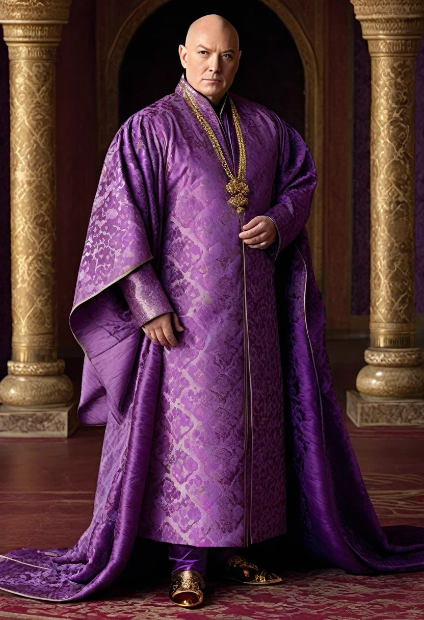 Man, plump, bald, and effeminate eunuch with soft white hands and round shoulders. He is 45. He powders his round face and uses perfumes of lavender, lilac, and rosewater. Varys wears rich silk, velvet, and damasks. His attire includes on one occasion a vest of woven gold thread over a purple silk gown, and a lavender brocade on another. His robes include patterned damask and flowing lavender, and his pointed slippers of soft velvet