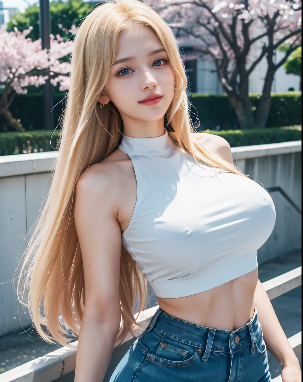 1girl, (Blue Eyes), (smiling :1.2), (Sana Minatozaki), (wide hips), Big tits, (big ass), (Best Quality, 8k, Masterpiece: 1.3), Clear Focus: 1.2, Perfect Body Beauty: 1.4, strong abs, Highly detailed face and skin texture, detailed eyes, double eyelids, (blonde long straight hair :1.2), white scoop top, jeans, Upper Body, Looking at the audience, Show me your ears, Background in front of the school gate、Beautiful cherry blossom tree background, Face close-up, Tall Portrait, Attractive woman