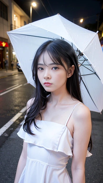 top-quality。8K-Picture。Ultra-high pixel。Rainy night on background。girl with。length hair。Wet in the rain。Wearing a white dress。The style is outstanding。(((small-breasted:1.8)))。tall、Slender but busty。One piece is also wet in the rain。No umbrella。Pain runs to the chest。Raindrops dripping from hair or clothes。Cloudy look with a slightly disgusted face。The headlights of a car driving on a side street illuminate half of the car body。Trembling fingertips。Walk slowly with dull eyes。Perfect representation of overall nuances。Autumn leaves are starting to darken。 night。A little more close-up。