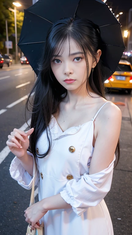 top-quality。8K-Picture。Ultra-high pixel。Rainy night on background。girl with。length hair。Wet in the rain。Wearing a white dress。The style is outstanding。(((small-breasted:1.8)))。tall、Slender but busty。One piece is also wet in the rain。No umbrella。Pain runs to the chest。Raindrops dripping from hair or clothes。Cloudy look with a slightly disgusted face。The headlights of a car driving on a side street illuminate half of the car body。Trembling fingertips。Walk slowly with dull eyes。Perfect representation of overall nuances。Autumn leaves are starting to darken。 night。A little more close-up。