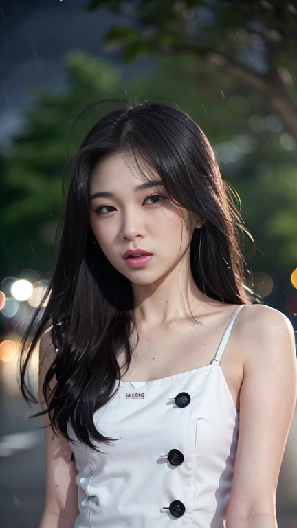 top-quality。8K-Picture。Ultra-high pixel。Rainy night on background。girl with。length hair。Wet in the rain。Wearing a white dress。The style is outstanding。(((small-breasted:1.8)))。tall、Slender but busty。One piece is also wet in the rain。No umbrella。Pain runs to the chest。Raindrops dripping from hair or clothes。Cloudy look with a slightly disgusted face。The headlights of a car driving on a side street illuminate half of the car body。Trembling fingertips。Walk slowly with dull eyes。Perfect representation of overall nuances。Autumn leaves are starting to darken。 night。A little more close-up。