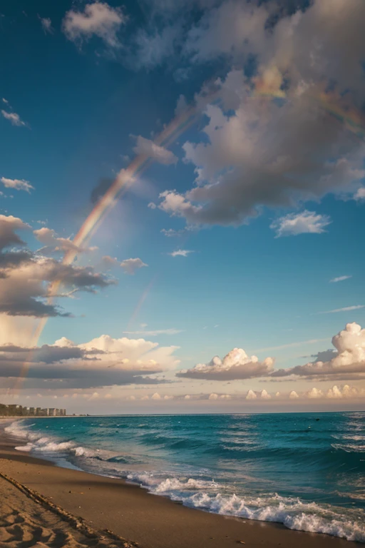 create a rainbow in the sky over beach