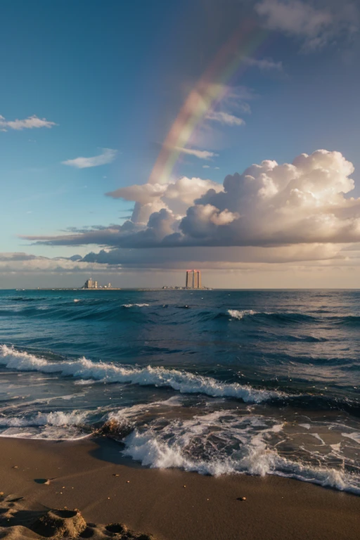 create a rainbow in the sky over beach