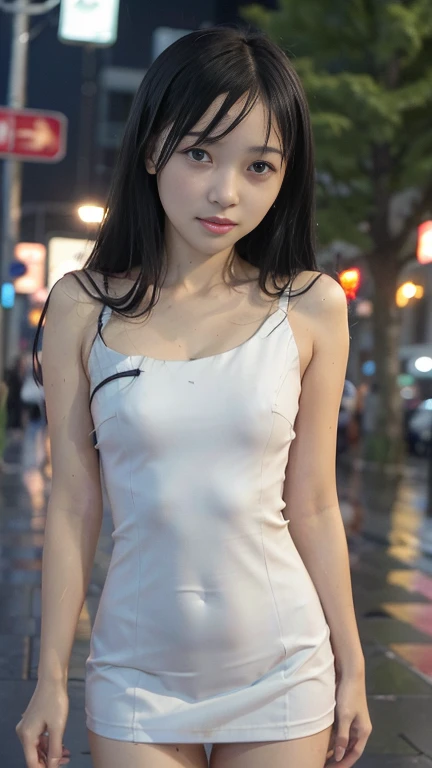 top-quality。8K-Picture。Ultra-high pixel。Rainy night on background。girl with。length hair。Wet in the rain。Wearing a white dress。The style is outstanding。(((small-breasted:1.8)))。tall、Slender but busty。One piece is also wet in the rain。No umbrella。Pain runs to the chest。Raindrops dripping from hair or clothes。Cloudy look with a slightly disgusted face。The headlights of a car driving on a side street illuminate half of the car body。Trembling fingertips。Walk slowly with dull eyes。Perfect representation of overall nuances。Autumn leaves are starting to darken。 night。A little more close-up。