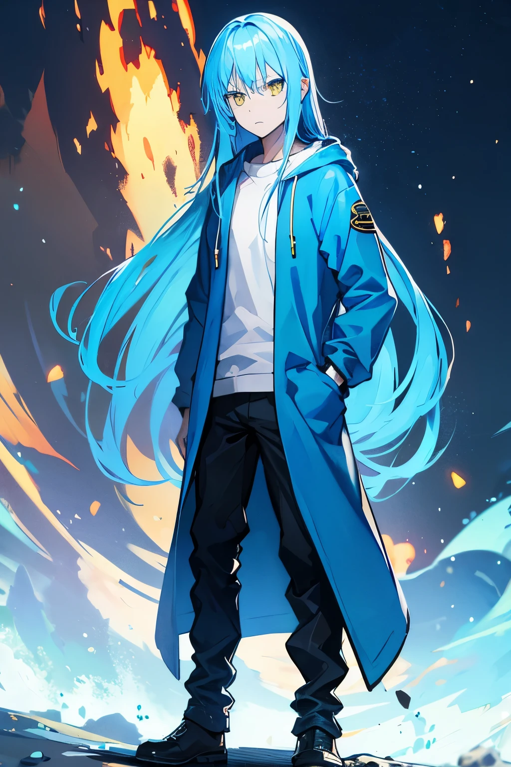 rimuru tempest, blue hair, yellow eyes, long hair, blue hoodie, hands in pocket, angry, standing infront building 