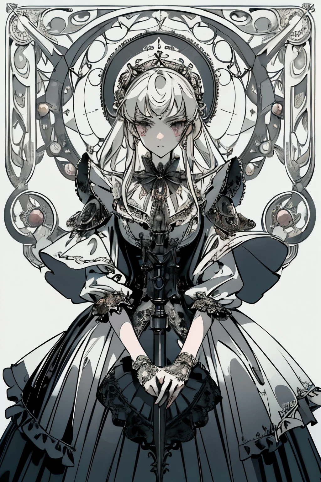 ((best quality)), ((masterpiece)), (detailed), perfect face ((best quality)), ((masterpiece)), (detailed), blank white background, plain background, white background, Bloodborne inspired, occult aesthetic, occult, detailed and intricate steampunk and detailed gothic, (zentangle, mandala, tangle, entangle), NSFW, torn clothing, Very dramatic and cinematic lighting, cosmic horror, grim-dark, side-lighting, perfect face, a beautiful goddess adorned and enshrined in armour, Bloodborne inspired , occult aesthetic , occult , detailed and intricate steampunk and detailed gothic , wielding a sword and holding a shield, NSFW, Fluttering lace flared long knee length dress with frilly petticoats, knee length dress, pleated petticoats, lolita dress, petticoats gothic lolita, side-lighting, gothic lolita aesthetic, beautiful small breasts, small breasts, full body, whole body, body, plain background, white background, blank background, no background, white background NSFW, full body, whole body, head-to-toe