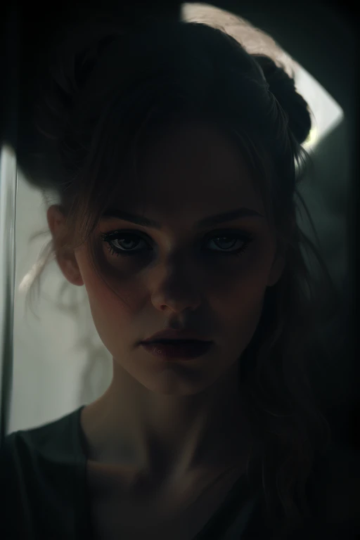 1 chica,destacar,silueta,Labios partidos,mirando al espectador,monocromo,retrato,hermoso rostro detallado,Bun,fondo sencillo,fondo oscuro,