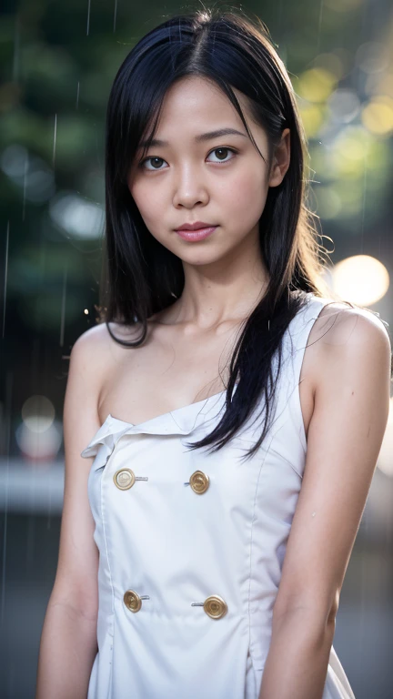 top-quality。8K-Picture。Ultra-high pixel。Rainy night on background。girl with。length hair。Wet in the rain。Wearing a white dress。The style is outstanding。(((small-breasted:1.8)))。tall、Slender but busty。One piece is also wet in the rain。No umbrella。Pain runs to the chest。Raindrops dripping from hair or clothes。Cloudy look with a slightly disgusted face。The headlights of a car driving on a side street illuminate half of the car body。Trembling fingertips。Walk slowly with dull eyes。Perfect representation of overall nuances。Autumn leaves are starting to darken。 night。A little more close-up。