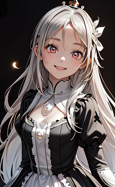 (Photorealistic:1.4)、(asuna,20-year-old:1.5),(masterpiece、lens flare:1.5、spot light:1.2、Exquisite beautiful eyeonochrome:1.5,portlate、)(),()
、Cute Face、 3D Face、(pearl white hair:1.5)、(wavy hair:1.3),(1 woman)、(Red eyes:1.2)、(cowboy shot)、(happy smile:1.5)、(head tilt) ,(Cute face:1.2),(flat chest),(),kind face,(white　lace frilled gothic ta),(black background:1.5)、(glowing eyes:1.3)、(little crown:1.3)、 Neat and clean、Adorable、Slim Body(Tareme:1.5),Shiny Hair、(Glowing pink Skin)、Nijisketch,Manga,beautifuljapanesewoman