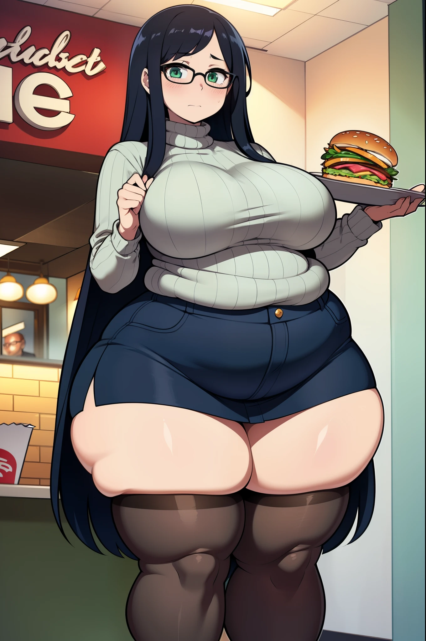 ((Masterpiece)), perfect anatomy, perfect shading, field of depth, (best quality), extremely delicate and beautiful, perfect lighting, detailed face, ultra cute face, cute, ((1girl)), ((solo))

long fluffy black hair, glasses, green eyes, ((blush)), nervous, looking at viewer, sweater, short skirt, large breasts, ((thick thighs)), (wide hips), ((plump)),

intricate background, detailed background, fast food restaurant,
