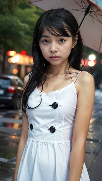 top-quality。８K-Picture。Ultra-high pixel。Rainy night on background。girl with。length hair。Wet in the rain。Wearing a white dress。The style is outstanding。(((small-breasted：1.8)))。tall、Slender but busty。One piece is also wet in the rain。No umbrella。Pain runs to the chest。Raindrops dripping from hair or clothes。Cloudy look with a slightly disgusted face。The headlights of a car driving on a side street illuminate half of the car body。Trembling fingertips。Walk slowly with dull eyes。Perfect representation of overall nuances。Autumn leaves are starting to darken。 night。A little more close-up。