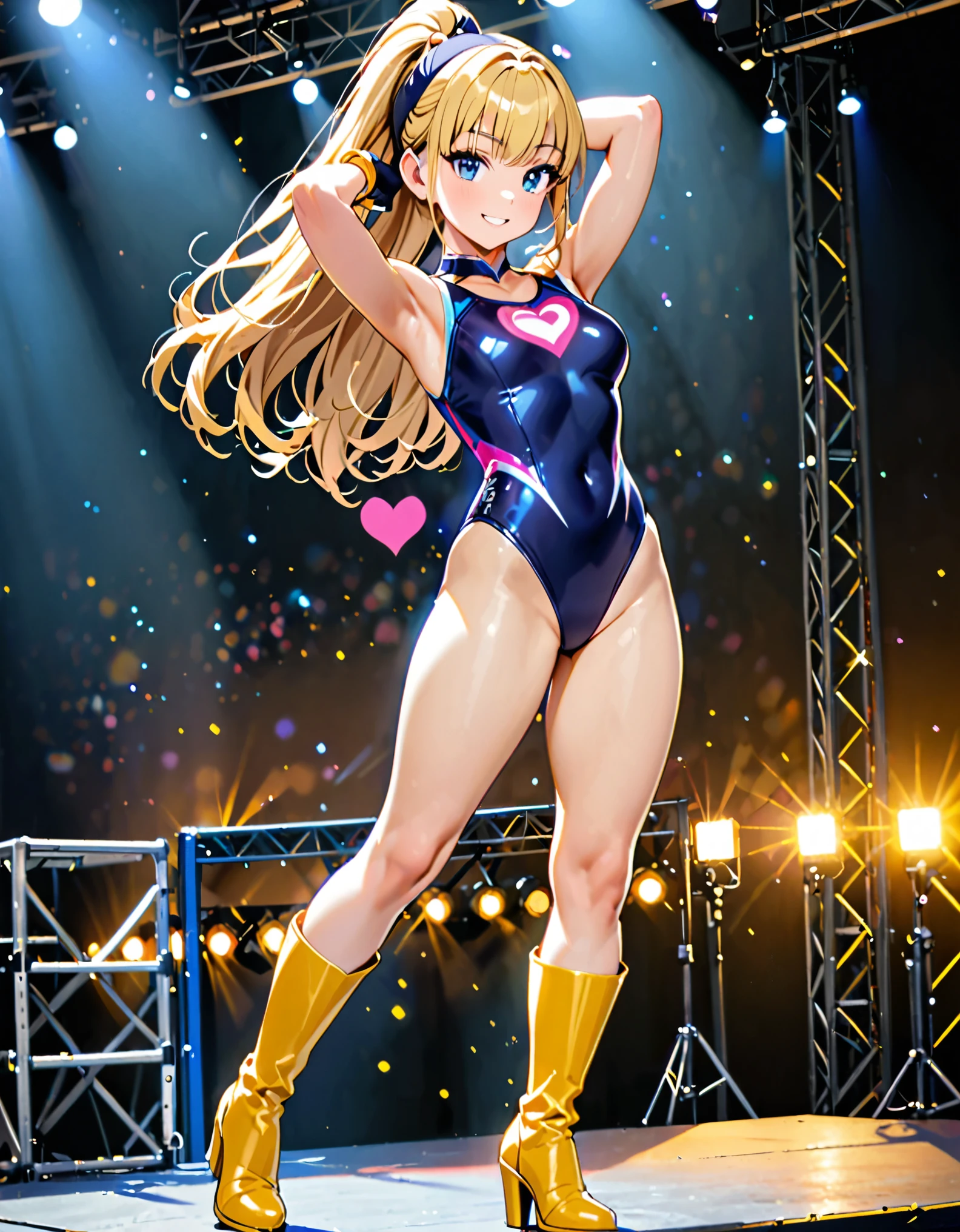 masterpiece, best quality, 1girl, ((bangs, blonde hair, armpit-length hair)), ((black headband)), blue eyes, beautiful detailed eyes, beautiful detailed face, cute face, perfect hands, complete fingers, perfect anatomy, perfect proportions, ((leotard, gymnastics leotard, dark blue leotard)), ((boots, yellow boots, yellow footwear, high heels)), breasts, medium breasts, covered navel, ((blue fingerless gloves, yellow bracelets)), (full body portrait), hand on hip, hands on hips, ((pink heart logo on chest)), (stage lights), looking at viewer, smile, :d, solo, solo focus, standing, body infused with yellow aura, cowboy shot