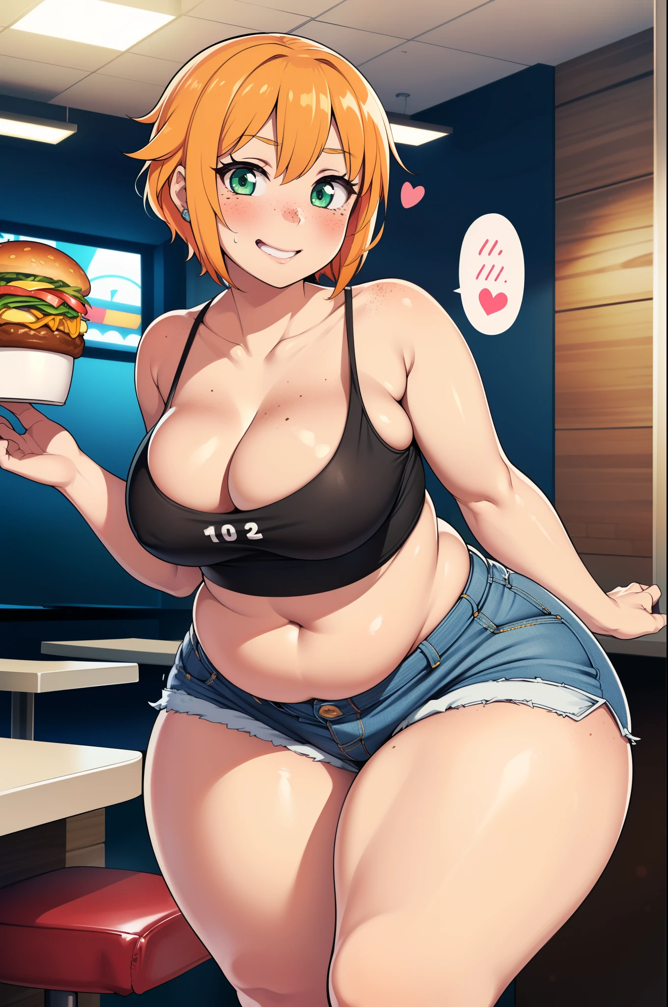 ((highres)), Masterpiece, high quality, best quality, beautiful, perfect lighting, detailed face, ultra cute face, ((1girl)), ((solo), short fluffy orange hair, green eyes, freckles, ((blush)), seductive smile, aroused, spoken heart, looking at viewer, (belly grab), standing in a fast food restaurant, (restaurant), daytime, crop top, shorts, (((thick thighs))), ((wide hips)), cleavage, (medium breasts), (chubby), 20 year old female,