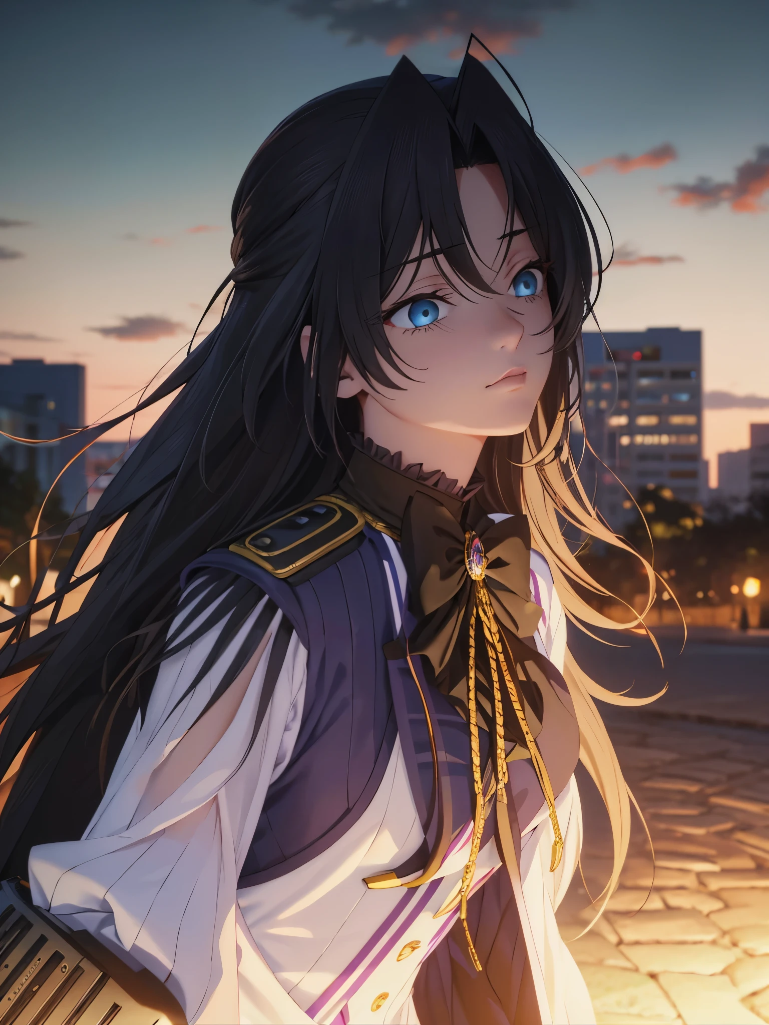 1 woman,Facing right, camera angle from the side, photo from the side, looking away,,Black hair, long hair,blue eyes, standing, Army uniform , ultra detail, ultra HD,close up photo,at night,in park