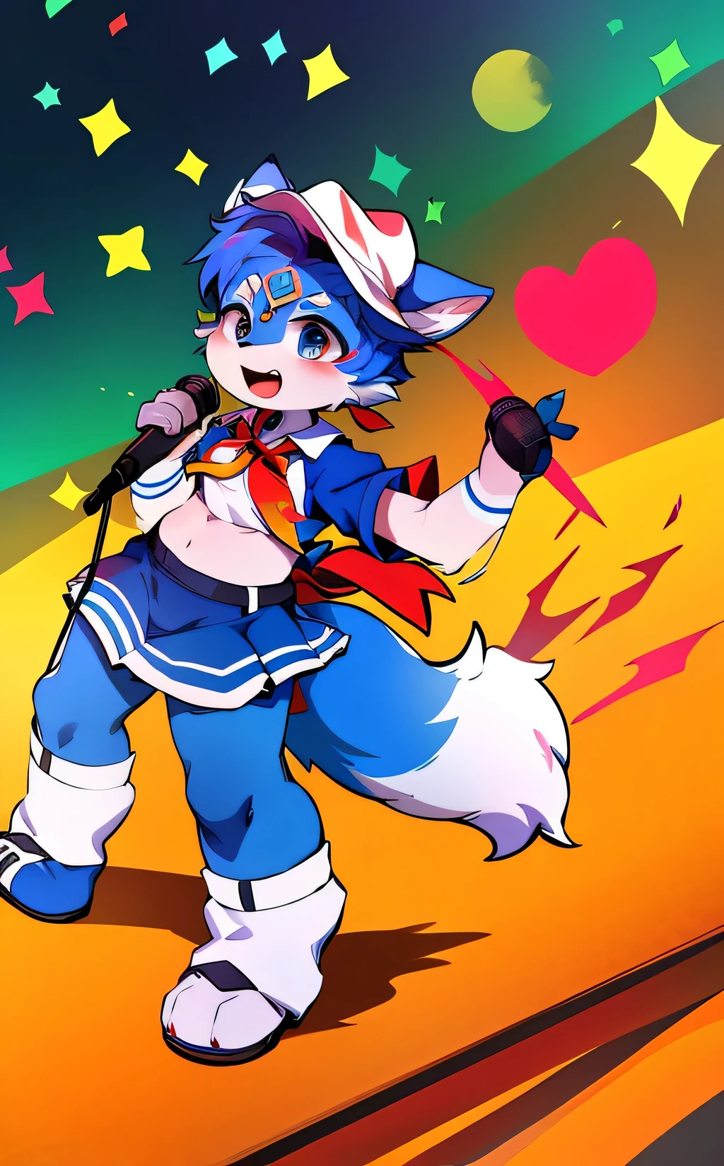 Blue fur, Canine, fox motif, boy, uniform,tall,Age is 15 years old,kpop idol style,Dancing,Music programs,Street fashion,On stage live,Group of 4,I have a microphone.,comics,Wearing a red collar,