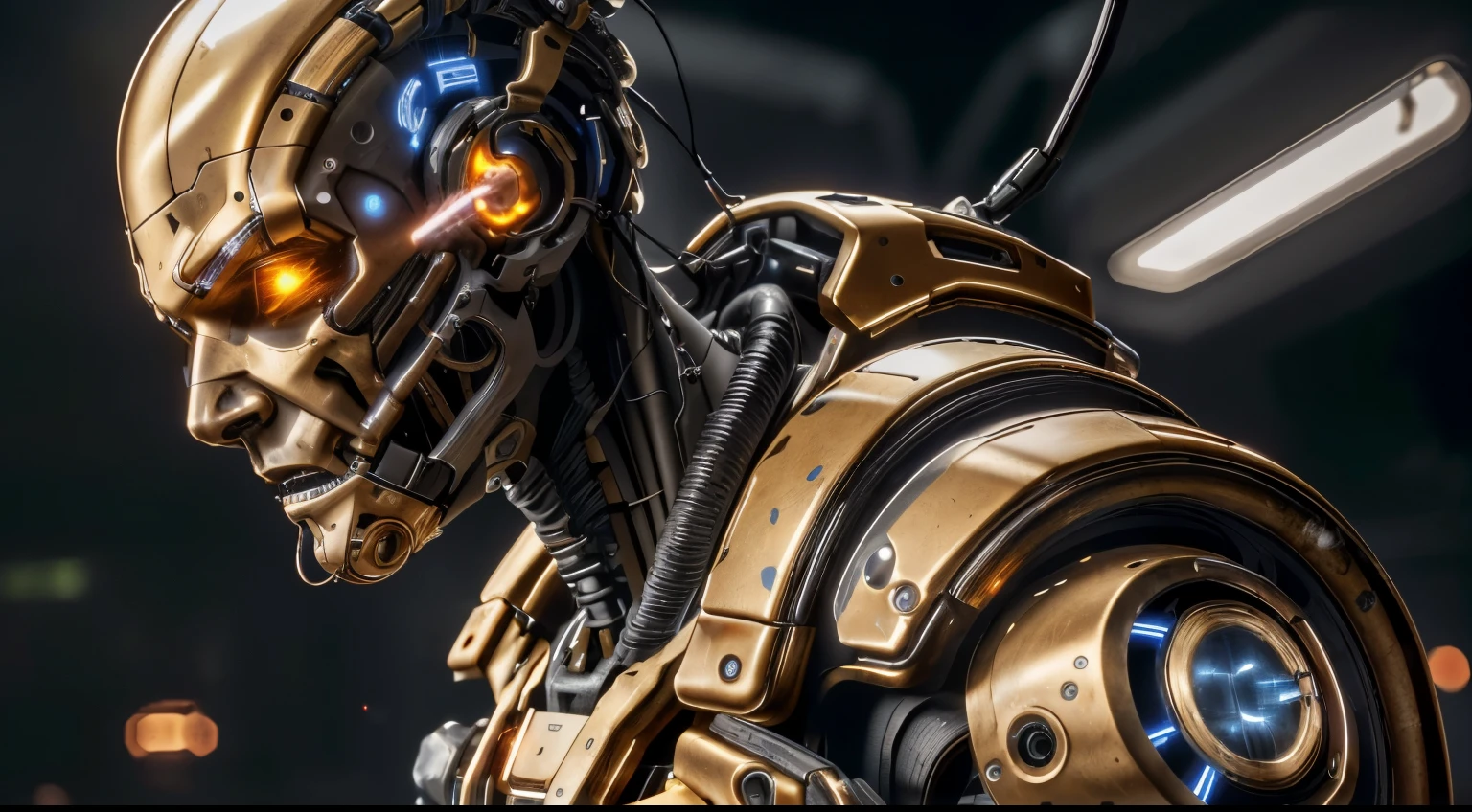 (masterpiece,8k quality, 8k, top quality, best quality, official art, beautiful and aesthetic:1.2),close up, face, fire eye, eye on fire ,a humanoid lauterbach robot biomechanical bronze with a head full of wires and a light cold on it's face and neck, in a dark room in a dark room with a red light behind him, unreal engine 5 highly rendered, cyberpunk art, les automatistes, raw photo of detailed skin, clear face, (masterpiece, top quality, best quality, official art, beautiful and aesthetic:1.2), [cat : girl : 7], chest, porcelain face, cyborg, robotic parts, 150 mm, beautiful studio soft light, rim light, vibrant details, cyberpunk, hyperrealistic, anatomical, facial muscles, cable electric wires, microchip, H. R. Giger style, extremely detailed (realistic, photo-realistic:1.37),Amazing, finely details