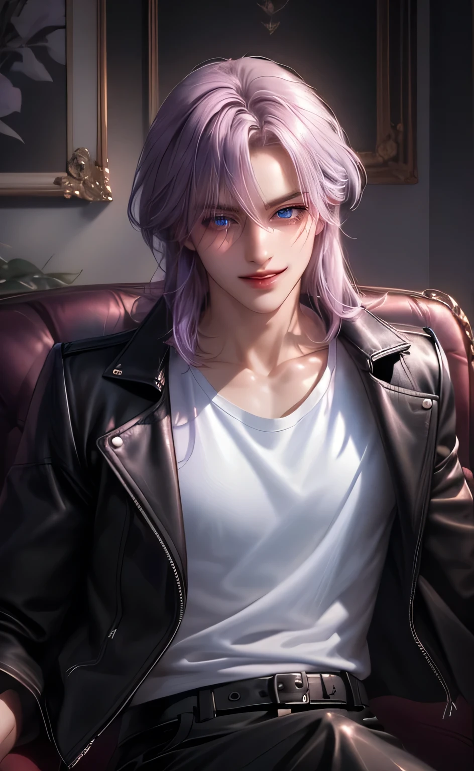 {(Best quality, 8K, masterpiece, soft lighting, perfect image, Digital illustration, The Art of Manhwa, perfect lines, real)} 1 very handsome man, shoulder length lavender hair , Purple eyes, ((white T-shirt and black leather jacket)), half of the body, portrait, smile, (((grin))), cunning, sitting on the couch, medium length hair, Confidence, joy, there is, night, dominance, fun 