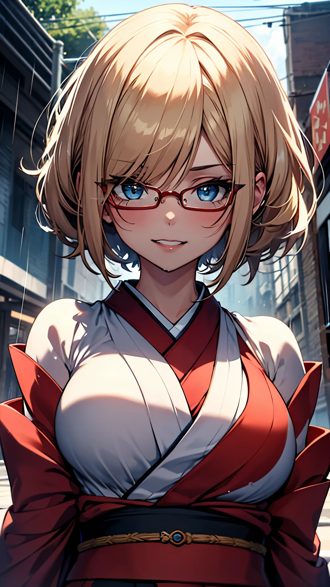 (1girl:1.3), Masterpiece, Best quality, amazing beauty, [[3D]], 4K, absurdres, finely detail, super detailed eye, perfect ???????, official art, cinematic lighting, BREAK, garden, rain, silky pixie cut, blond hair, super shiny detailed blue eyes, big eyes, tareme, cute eyes, thin eyebrow, Gazing into the Distance, thin lips, toothy grin, mascara, Eyeshadow, red lips, red round cell frame glasses, blush, BREAK , big breasts, tall, medium, fair skin, wet、wet skin, upper body, from front, BREAK , (wearing beautiful kimono:1.2), BREAK