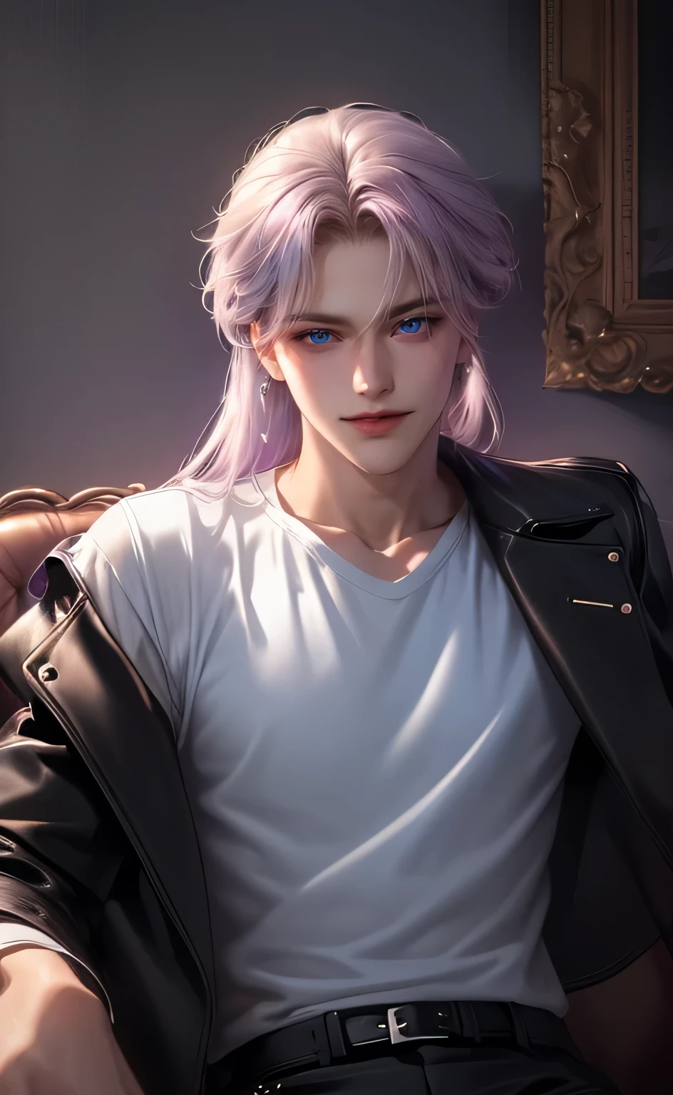 {(Best quality, 8K, masterpiece, soft lighting, perfect image, Digital illustration, The Art of Manhwa, perfect lines, real)} 1 very handsome man, shoulder length lavender hair , Purple eyes, ((white T-shirt and black leather jacket)), half of the body, portrait, smile, (((grin))), cunning, sitting on the couch, medium length hair, Confidence, joy, there is, night, dominance, fun