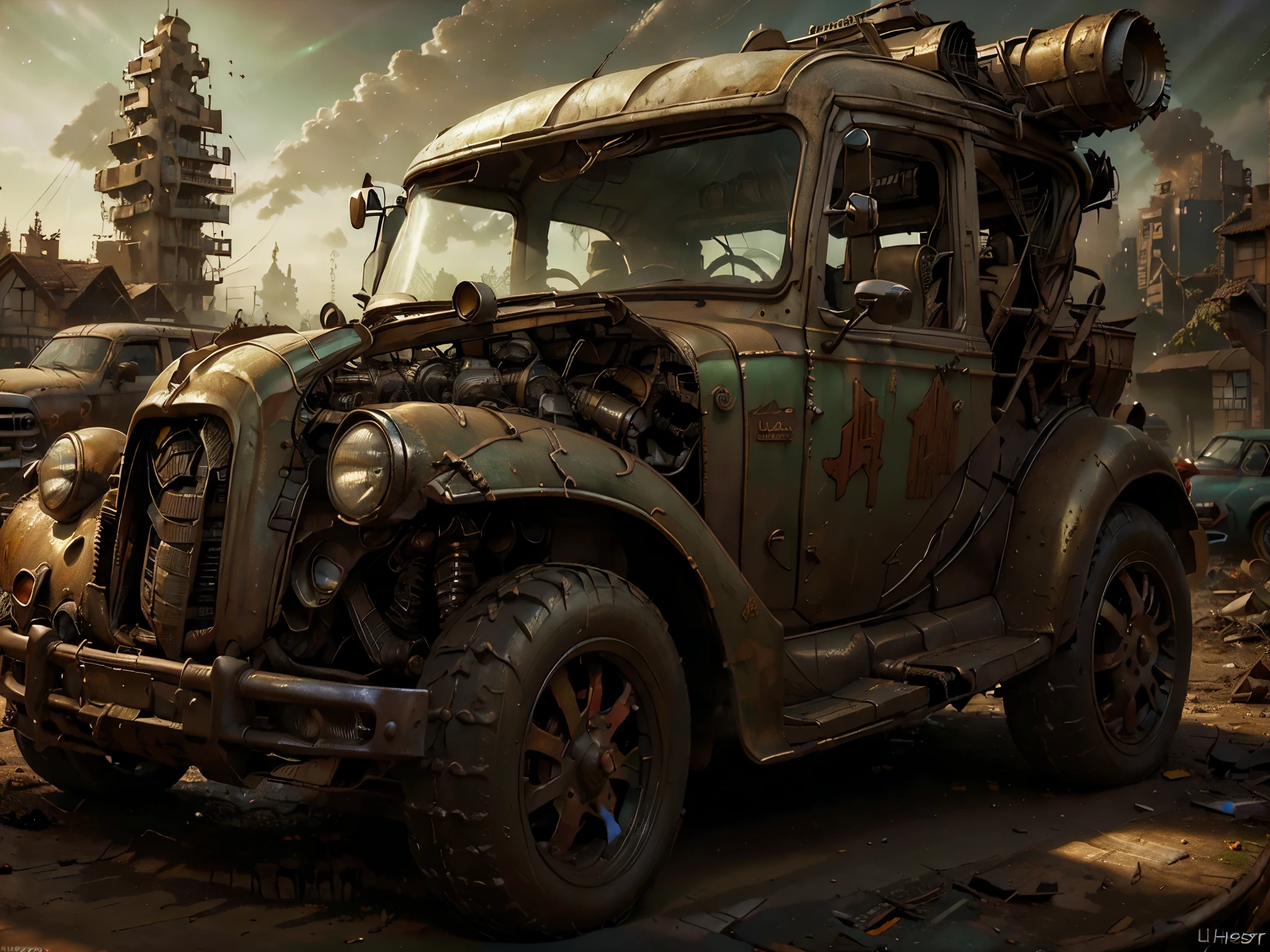 (Mejor calidad, HDR, ultra detallado, hiperrealista:1.37), A boy is sitting in the abandoned car all rusty., post apocalyptic, ciudad abandonada 3D, edificios destruidos escombros por todos lados, Cementerio de coches , maquinarias, Coches abandonados, vegetation next to buildings, abandoned vehicles scattered and piled up, atardecer ,espectacular puesta de sol. luces y sombras, 32k