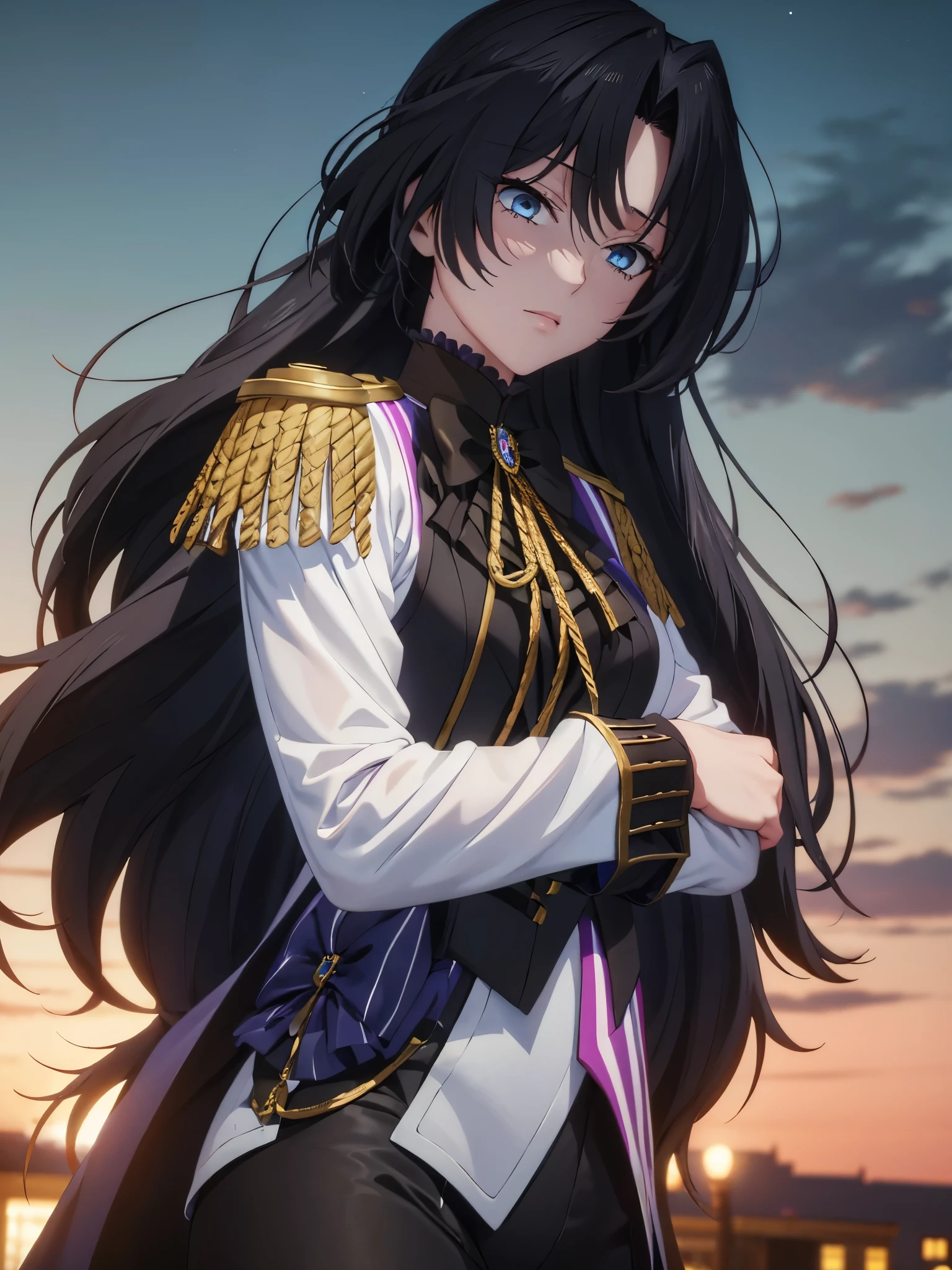 1 woman,Facing right, camera angle from the side, photo from the side, looking away,,Black hair, long hair,blue eyes, standing, Army uniform , ultra detail, ultra HD,close up photo,at night,in park