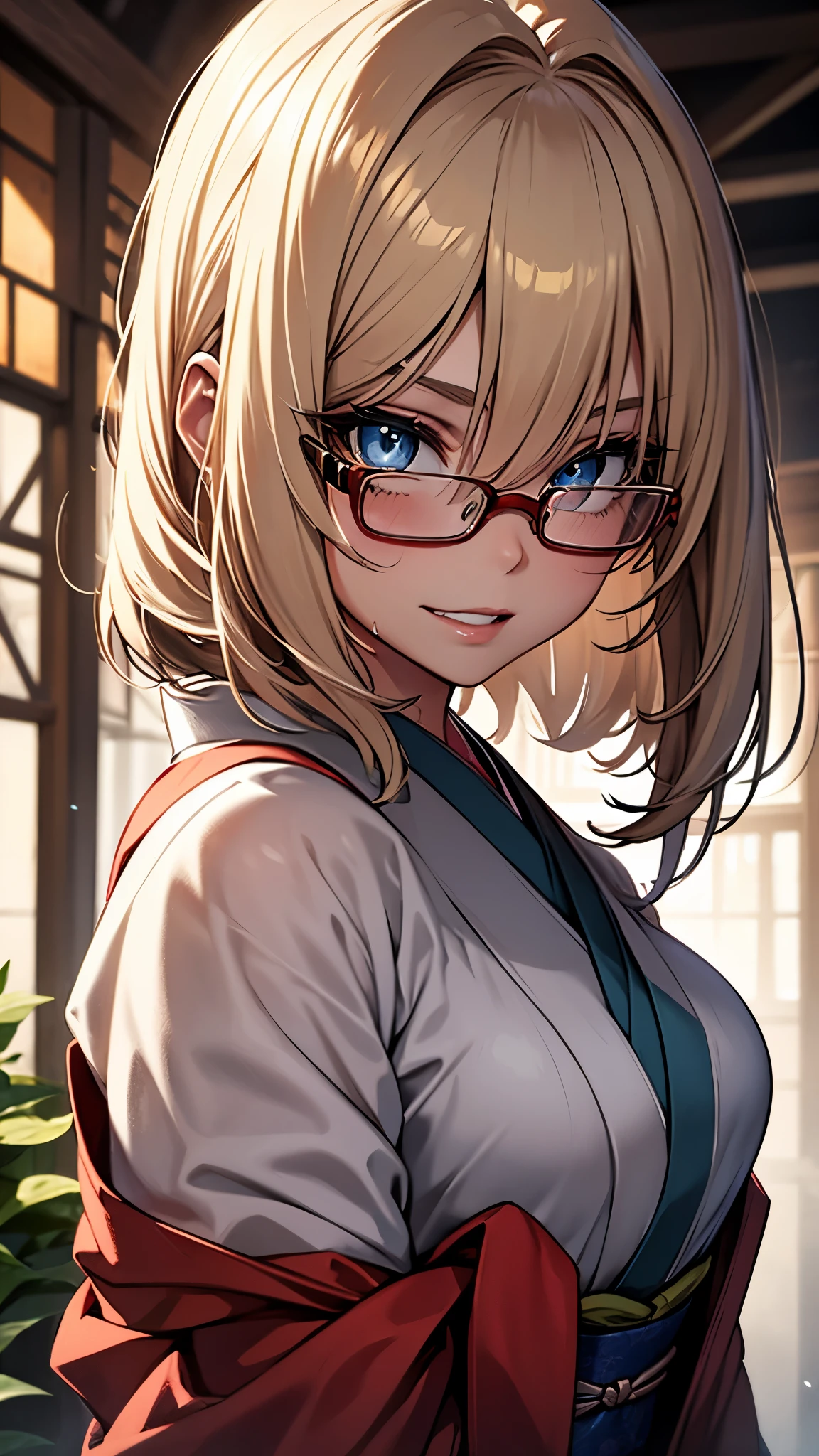 (1girl:1.3), Masterpiece, Best quality, amazing beauty, [[3D]], 4K, absurdres, finely detail, super detailed eye, perfect anatomy, official art, cinematic lighting, BREAK, garden, rain, silky pixie cut, blond hair, super shiny detailed blue eyes, big eyes, tareme, cute eyes, thin eyebrow, Gazing into the Distance, thin lips, toothy grin, mascara, Eyeshadow, red lips, red round cell frame glasses, blush, BREAK , big breasts, tall, medium, fair skin, wet、wet skin, upper body, from front, BREAK , (wearing beautiful kimono:1.2), BREAK