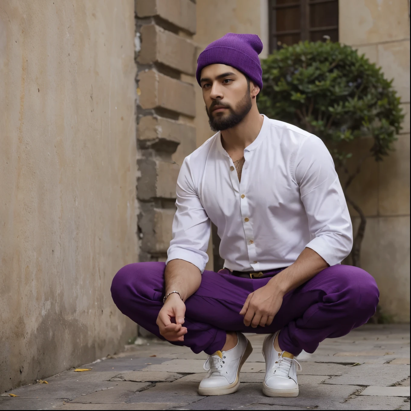 Hombre, sin barba, camisa morada, purple trousers, capa color blanca con toques de dorado, Brown Shoes, cuerpo fuerte, Sombrero color blanco con toques dorados, estilo anime