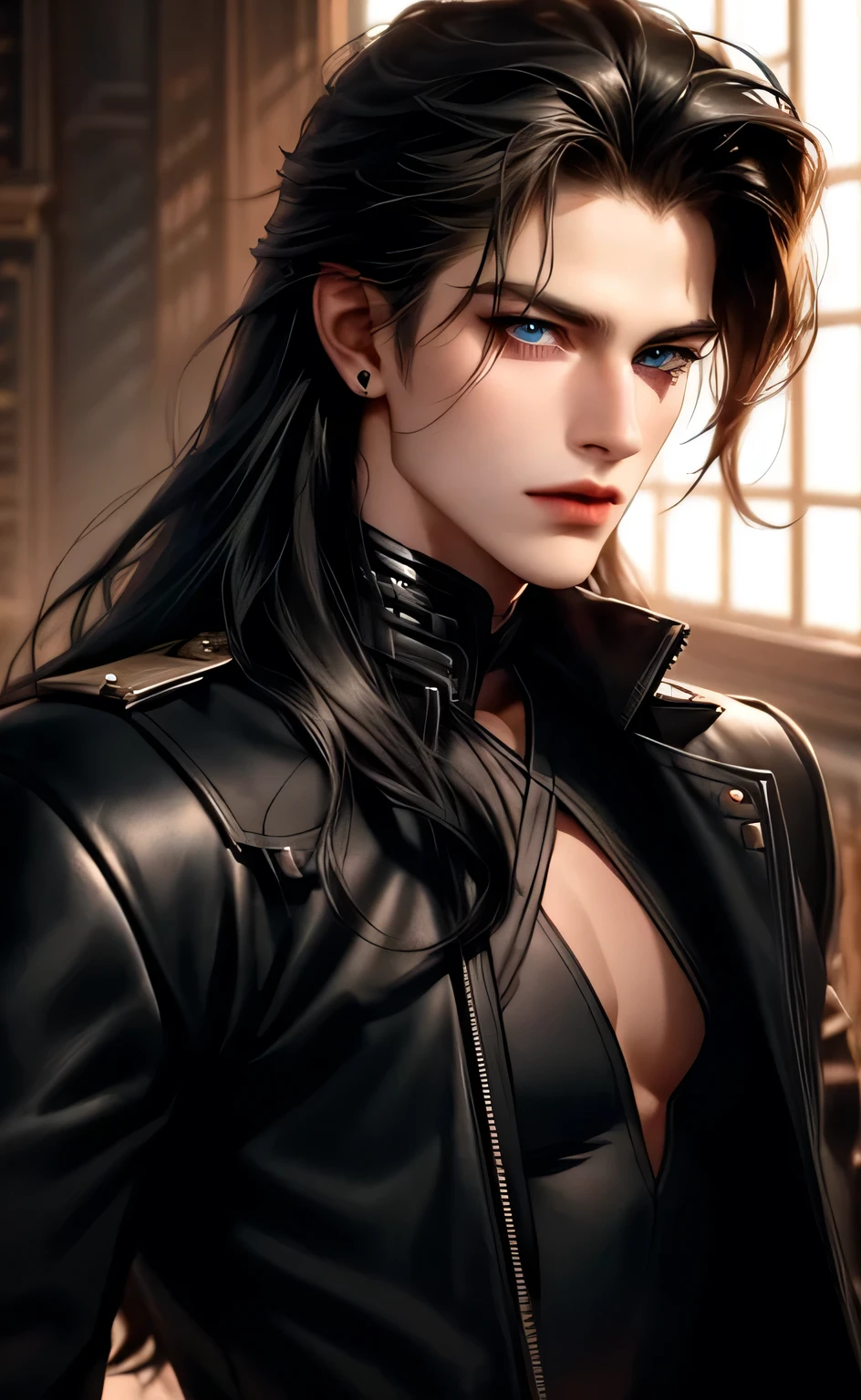 Close-up of a man with long hair and a leather jacket, character portrait, inspired by Adam Dario Keel, trends in cg society, You are Khan, xqc, gentle androgynous prince, manha, beautiful androgynous prince, handsome guy in demon slayer art, Edmund Blair and Charlie Bowater, attractive androgynous humanoid, anime handsome man