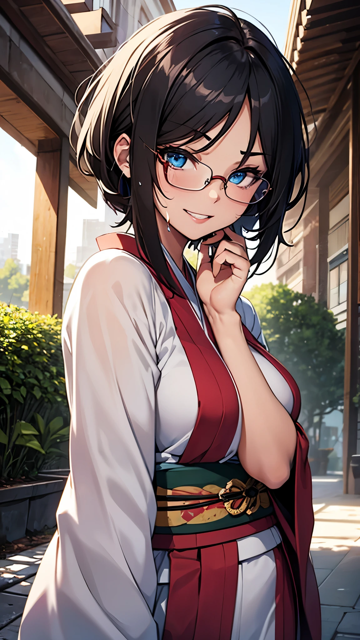 (1girl:1.3), Masterpiece, Best quality, amazing beauty, [[3D]], 4K, absurdres, finely detail, super detailed eye, perfect anatomy, official art, cinematic lighting, BREAK, garden, sun, silky pixie cut, black hair, super shiny detailed blue eyes, big eyes, tareme, cute eyes, thin eyebrow, Looking Over Shoulder, thin lips, toothy grin, mascara, Eyeshadow, red lips, red round cell frame glasses, blush, BREAK , big breasts, tall, medium, fair skin, sweaty skin, dancing, cowboy shot, from front, BREAK , (wearing beautiful kimono:1.2), BREAK,(Glasses)