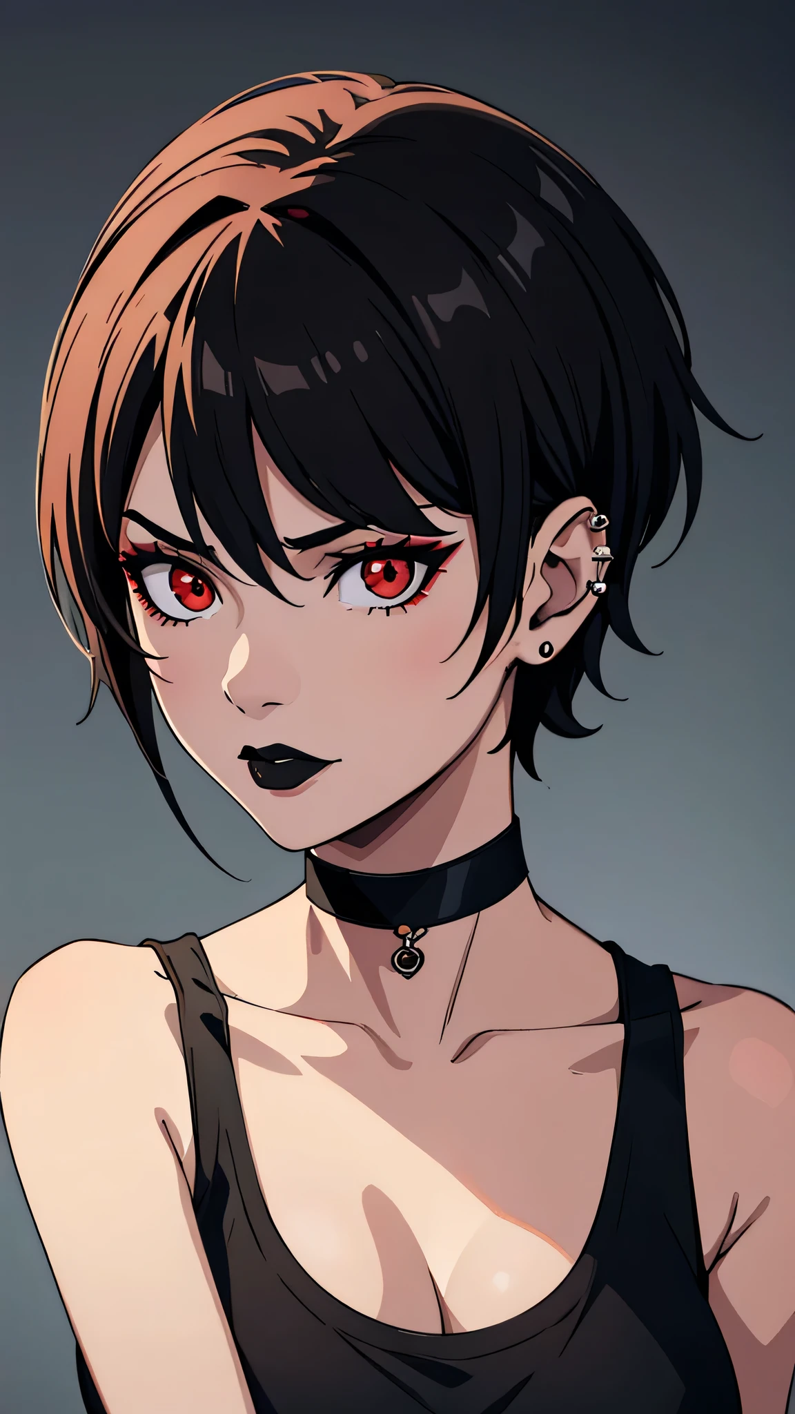 1 girl, Red eyes, very Short hair, black choker, Black lipstick, portrait, unexpressive, black hair, female , ears piercings, tank top, turning look at viewer
