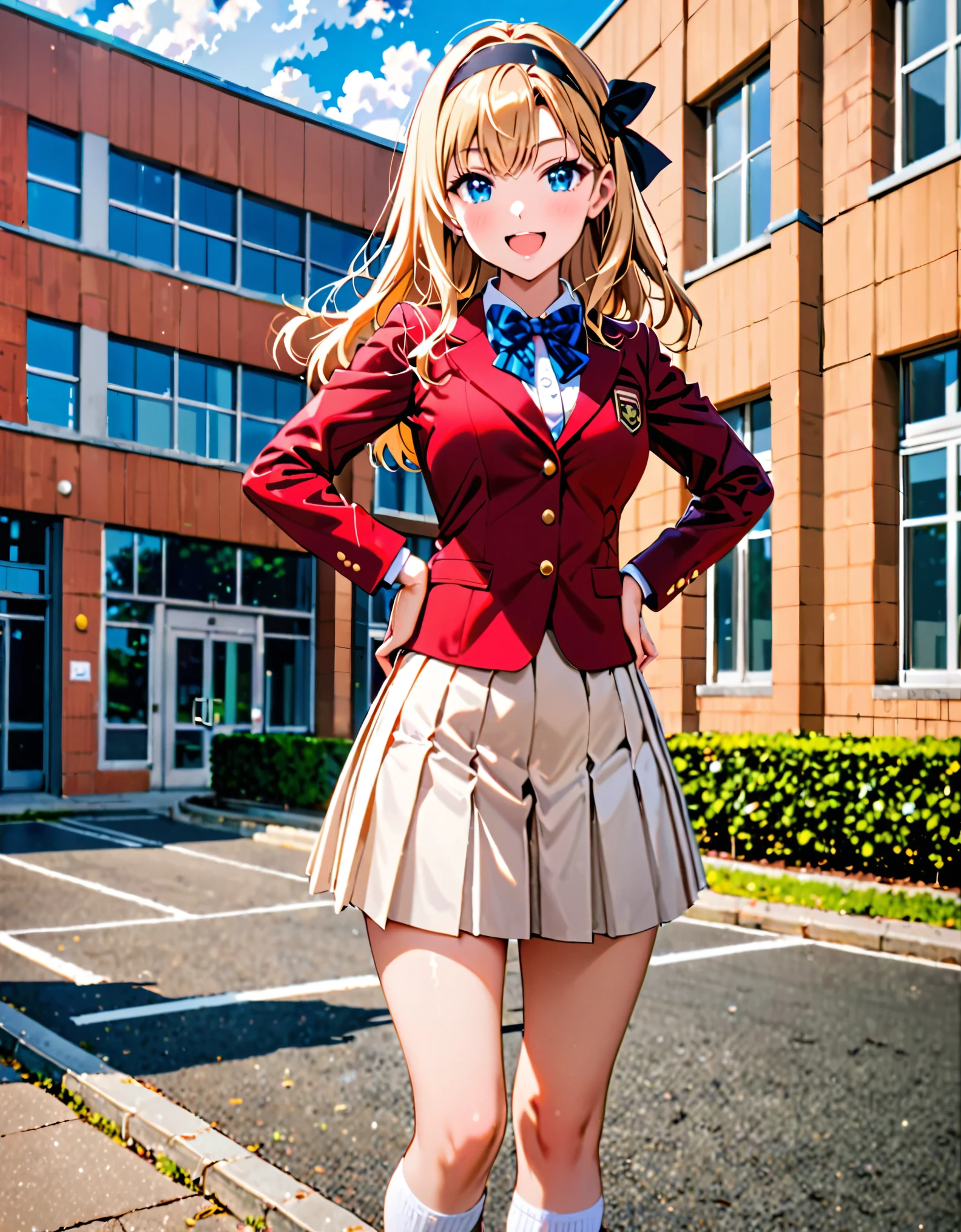 masterpiece, best quality, 1girl, high school girl, (bangs, blonde hair, armpit-length hair), ((black headband)), blue eyes, beautiful detailed eyes, beautiful detailed face, cute face, perfect hands, complete fingers, perfect anatomy, perfect proportions, (bow, bowtie. blue bowtie), full body, hand on hip, hands on hips, (red jacket), looking at viewer, (skirt, white skirt, pleated skirt, miniskirt) shirt, white shirt, socks, white socks, brown shoes, solo, standing, school building backdrop, daytime, smile, :d, solo focus, cowboy shot
