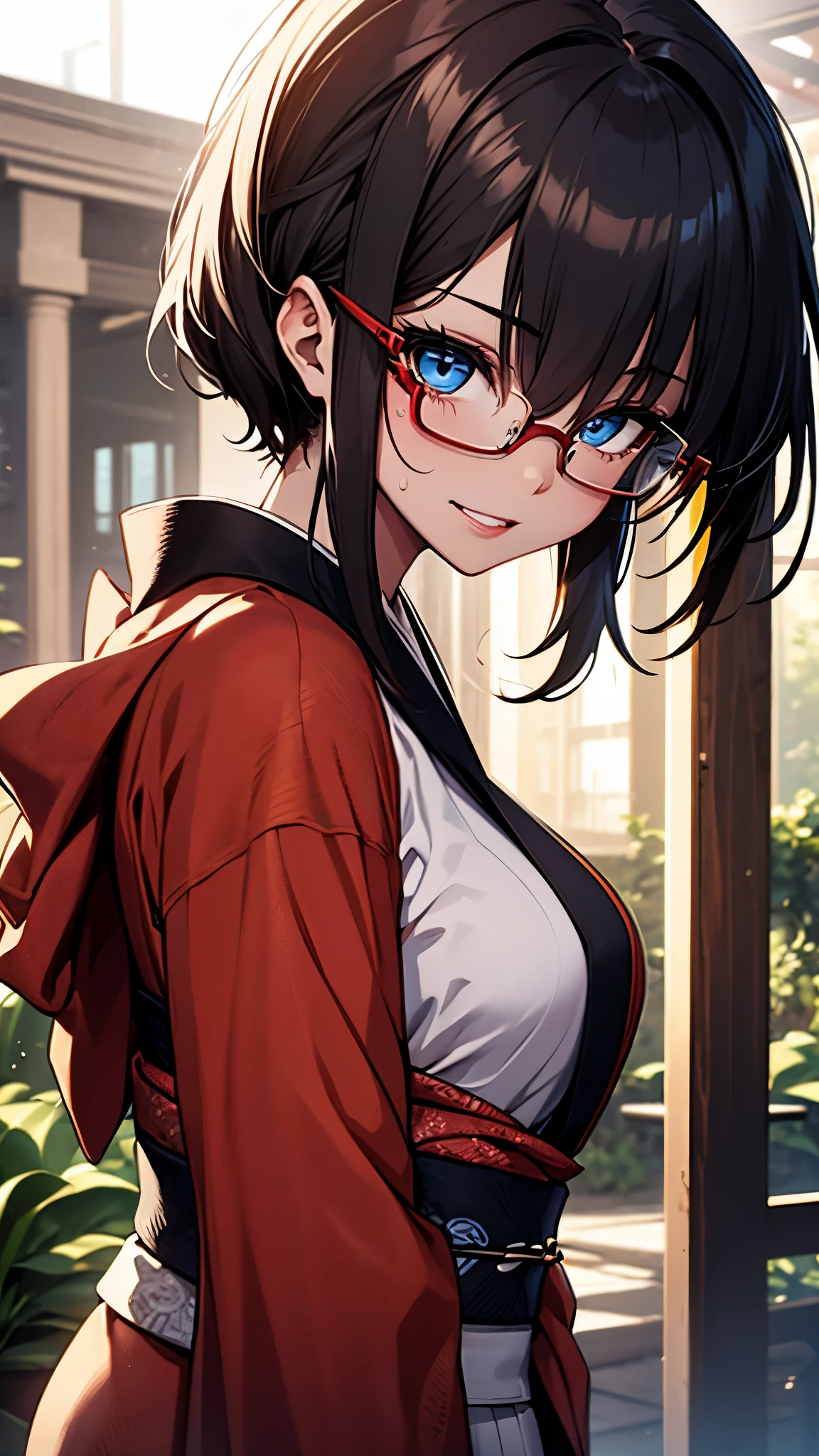 (1girl:1.3), Masterpiece, Best quality, amazing beauty, [[3D]], 4K, absurdres, finely detail, super detailed eye, perfect anatomy, official art, cinematic lighting, BREAK, garden, sun, silky pixie cut, black hair, super shiny detailed blue eyes, big eyes, tareme, cute eyes, thin eyebrow, Looking Over Shoulder, thin lips, toothy grin, mascara, Eyeshadow, red lips, red round cell frame glasses, blush, BREAK , big breasts, tall, medium, fair skin, sweaty skin, dancing, cowboy shot, from front, BREAK , (wearing beautiful kimono:1.2), BREAK,(Glasses)