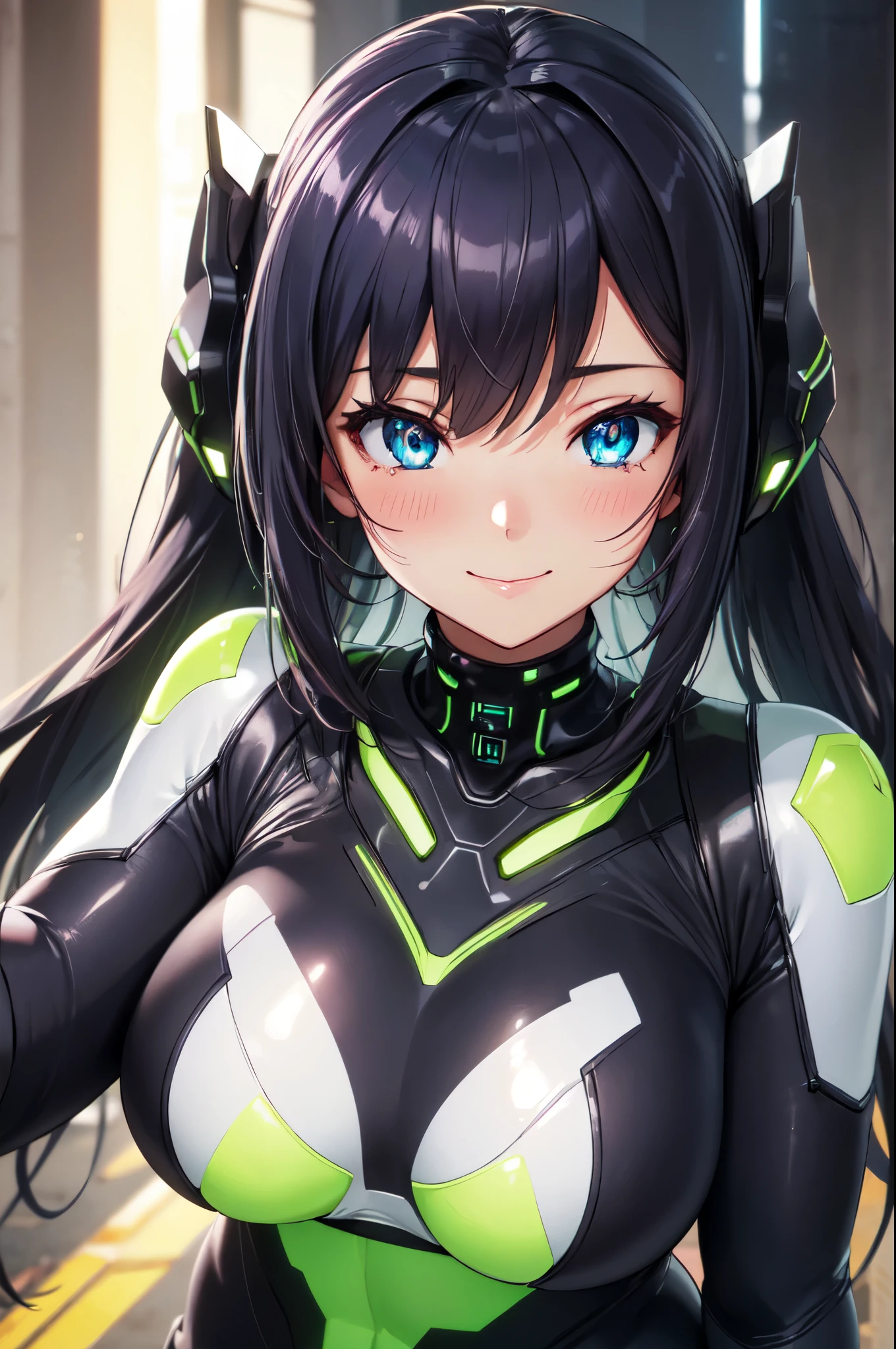 (High quality, High resolution, Fine details), cyber suit, fluorescent color, solo, curvy adult women, sparkling eyes, (Detailed eyes:1.2), smile, blush, Sweat, Oily skin, Soft tones, shallow depth of field