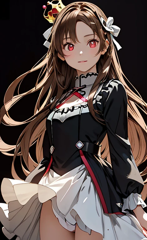 (Photorealistic:1.4)、(asuna,20-year-old:1.5),(masterpiece、lens flare:1.pot light:1.2、Exquisite beautiful eye:1.5,portlate)(),()
、Cute Face、 3D Face、(brown hair:1.5)、(wavy hair:1.3),(1 woman)、(Red eyes:1.2)、(cowboy shot)、(clear face:1.5)、(head tilt) ,(Cute face:1.2),(flat chest),(),kind face,(white red lace frilled gothic lolblack background:1.5)、(glowing eyes:1.3)、(little crown:1.3)、 Neat and clean、Adorable、Slim Body(Tareme:1.5),Shiny Hair、(Glowing pink Skin)、Nijisketch,Manga,beautifuljapanesewoman