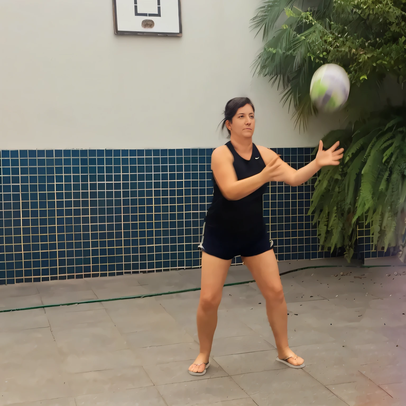 woman in black shirt throwing a ball in the air, volleyball, malika favre, in an action pose, holding a ball, female beach volley player, indoor, action shot, dynamic action shot, outside, karla ortiz, squatting down next to a pool, caroline gariba, by Gina Pellón, competition winning, fernanda suarez, sao paulo