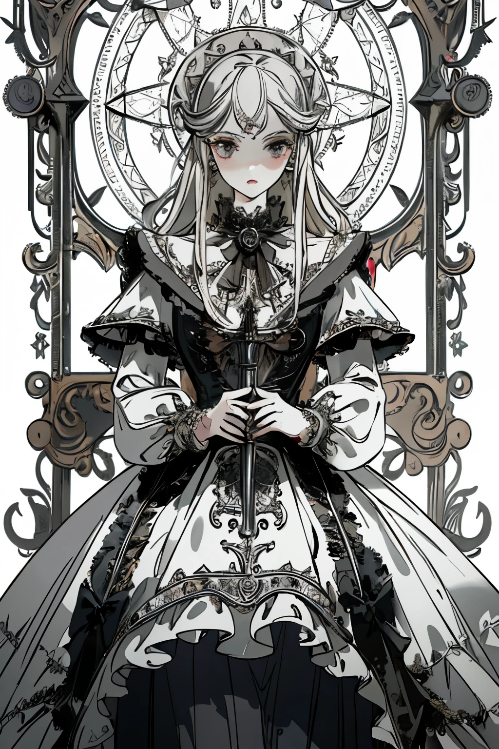 ((best quality)), ((masterpiece)), (detailed), perfect face ((best quality)), ((masterpiece)), (detailed), blank white background, plain background, white background, Bloodborne inspired, occult aesthetic, occult, detailed and intricate steampunk and detailed gothic, (zentangle, mandala, tangle, entangle), NSFW, torn clothing, Very dramatic and cinematic lighting, cosmic horror, grim-dark, side-lighting, perfect face, a beautiful goddess adorned and enshrined in armour, Bloodborne inspired , occult aesthetic , occult , detailed and intricate steampunk and detailed gothic , wielding a sword and holding a shield, NSFW, Fluttering lace flared dress with frilly petticoats, knee length dress, pleated petticoats, lolita dress, petticoats gothic lolita, side-lighting, gothic lolita aesthetic, beautiful small breasts, small breasts, full body, whole body, body, plain background, white background, blank background, no background, white background NSFW, full body, whole body, head-to-toe