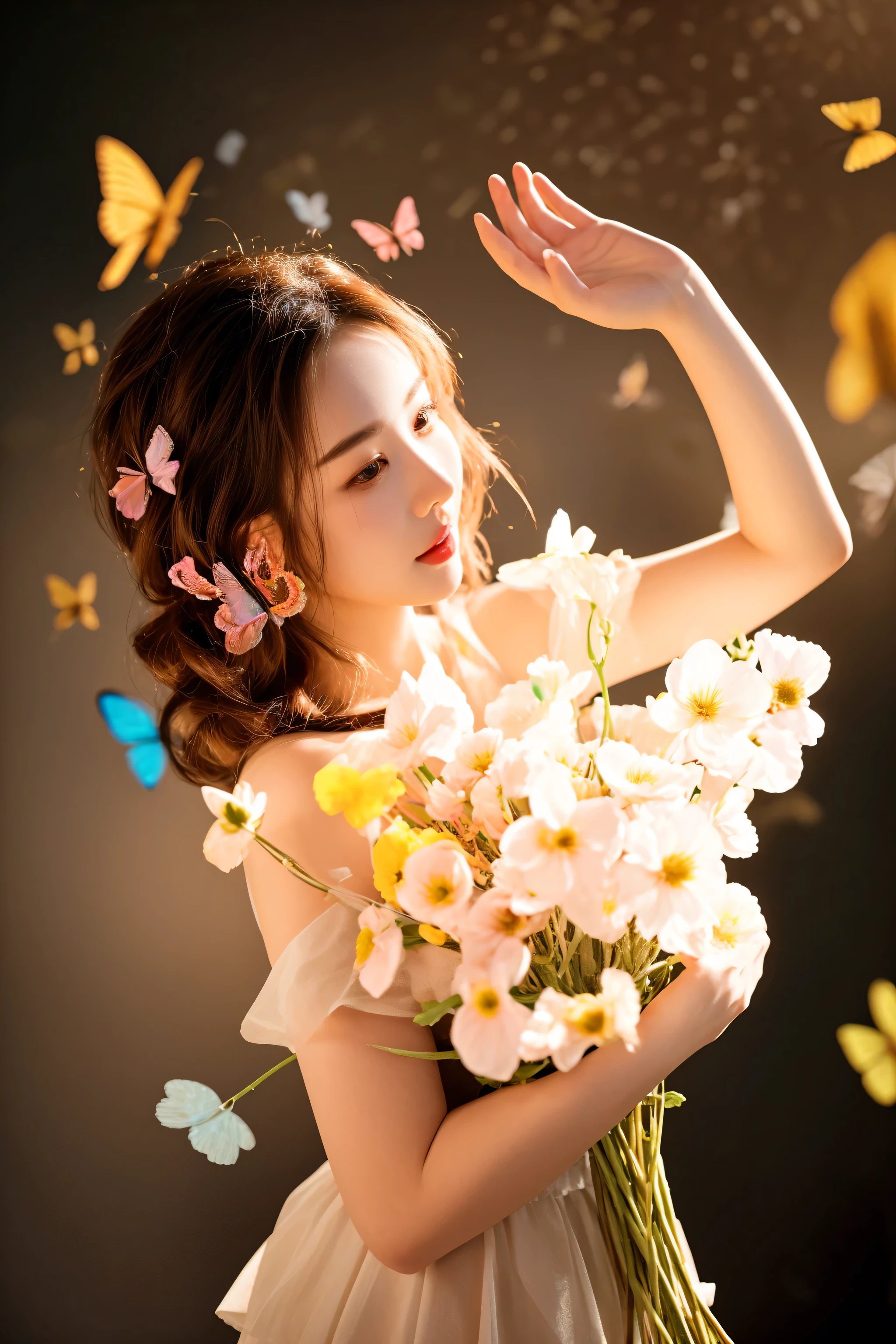 there is a woman holding a bouquet of flowers and butterflies, with flowers, woman in flowers, beautiful young korean woman, flowers and butterflies, beautiful south korean woman, girl in flowers, photo taken with nikon d 7 5 0, photo taken with nikon d750, gorgeous young korean woman, female portrait with flowers, portrait shot, beautiful woman