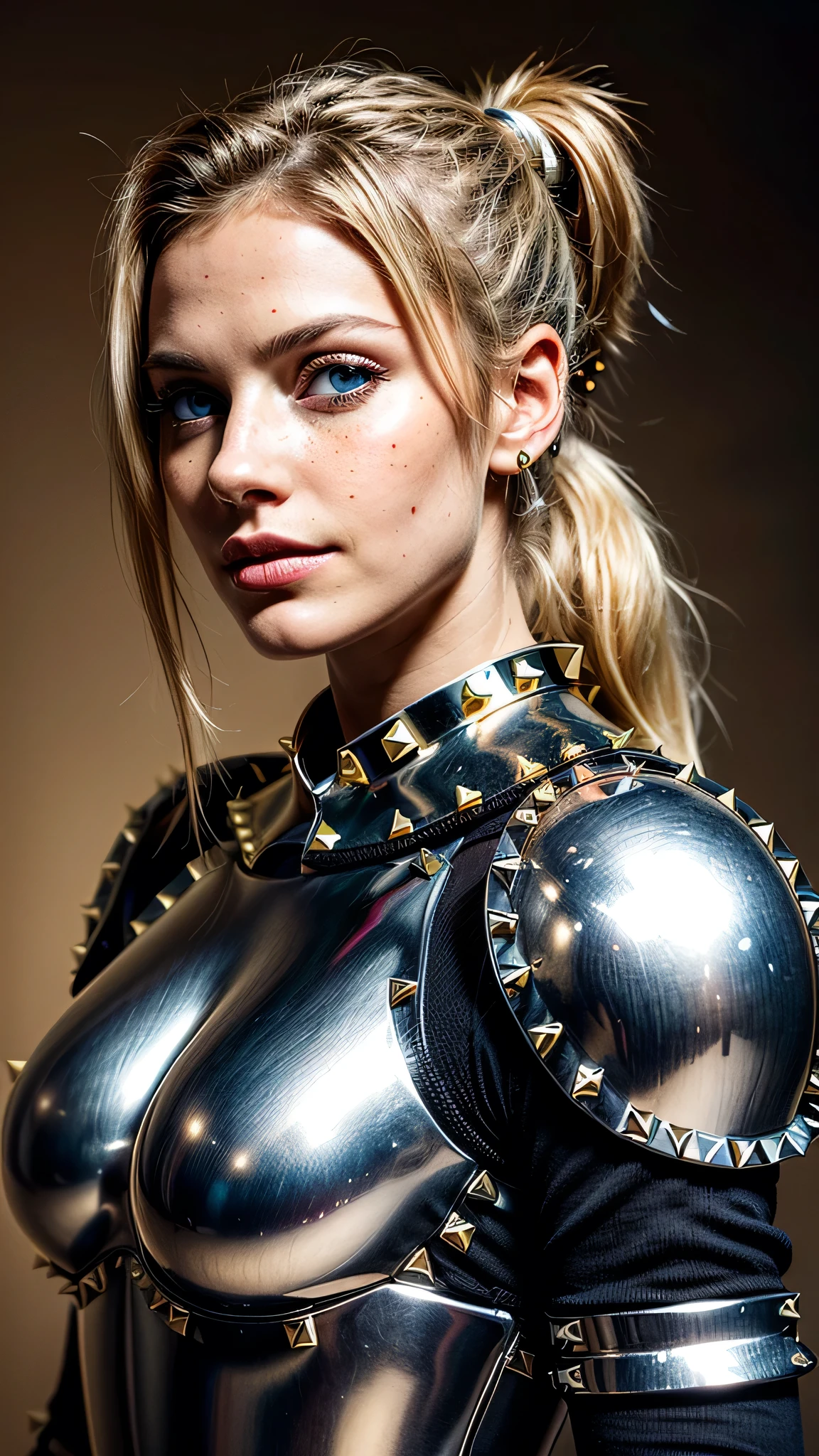 ((best quality: 1.5)) ((masterpiece: 0.8)), intricate details, sharp focus, professional, ((solo, 1girl) athletic cleric, (suntanned, dark skin, mysterious expression)), bright glow, dynamic pose, gorgeous, contoured shading, dark room, dark background, black background, solo, BREAK; BREAK ((smirking, ((long straight blonde hair, ponytail, portrait)), iceblue eyes)), ((freckles: 0.9)), ((fujicolor)), BREAK; BREAK ((((medieval (beige chrome paladin armor:1.8 (gold rivets))), photorealistic:1.4, hyper-realistic, professional lighting, photon mapping, radiosity, physically based rendering, ultra resolution, hyper-realistic, metal reflections)))
